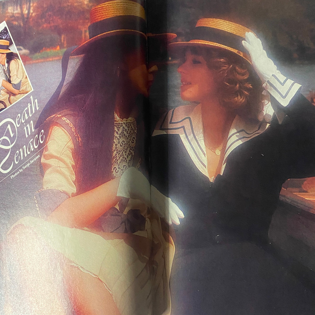 A photo spread from Club International Magazine, June 1980, showcasing two women in vintage dresses with hats, as part of the article 'Death in Menace'.