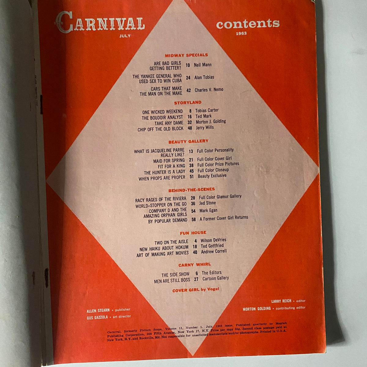 Contents page of Carnival Magazine July 1963 Vol 11 No. 1, featuring a geometric design and a list of articles including 'Are Bad Girls Getting Better?' and 'The Yankee General Who Used Sex To Win Cuba'.