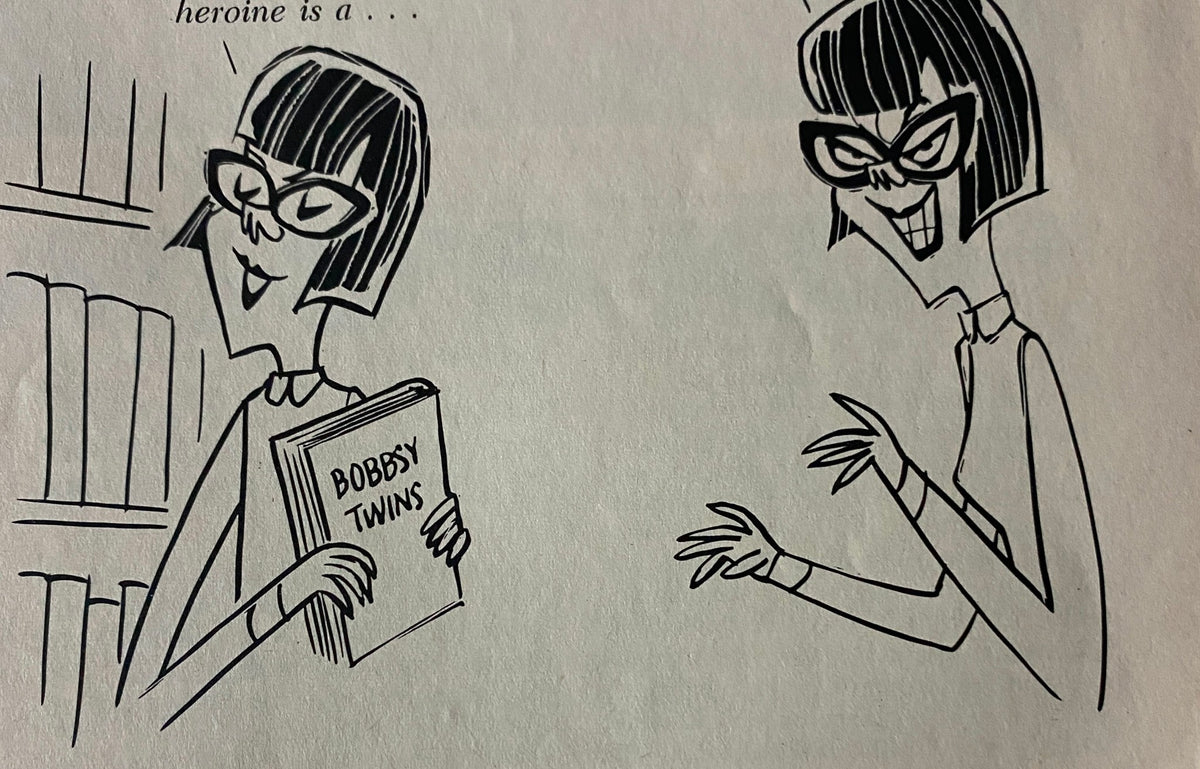 Illustration from Fling Magazine March 1964 depicting a character holding a book titled 'Bobbsy Twins', representing the humor and artistic style of the 1960s.