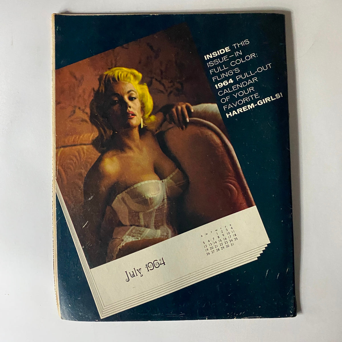 Cover of Fling Magazine March 1964 featuring a glamorous model in a corset, previewing the '1964 Harem-Girl Holiday'. A captivating piece of vintage magazine history.
