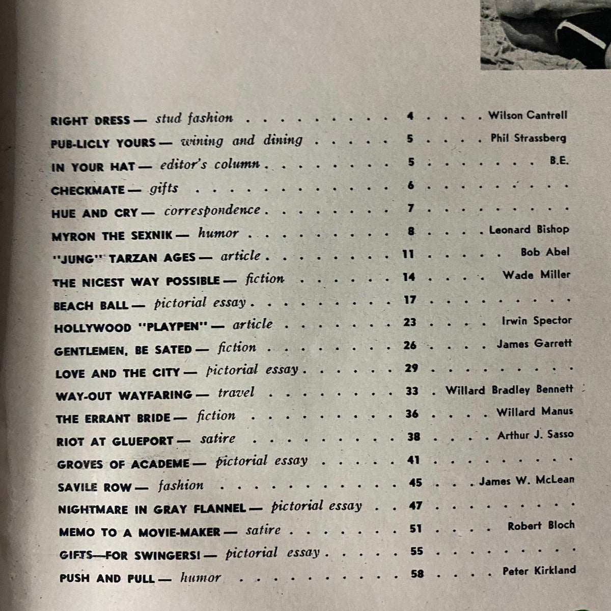 Table of contents from The Dude Magazine January 1961, listing articles and features, including humor and fiction, reflecting the magazine's diverse content aimed at a mid-century male audience.