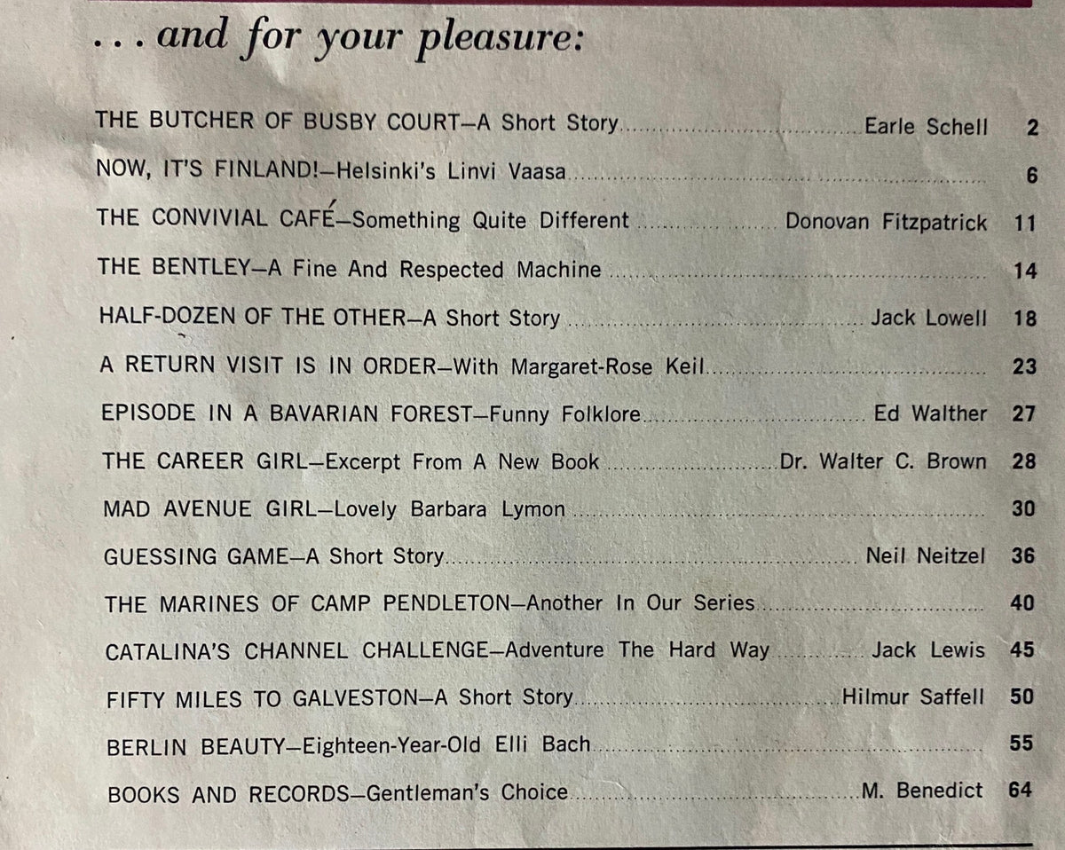 Table of contents from the April 1962 Gentleman Magazine, listing engaging articles and short stories such as 'The Butcher of Busby Court' and 'Now, It's Finland!'.