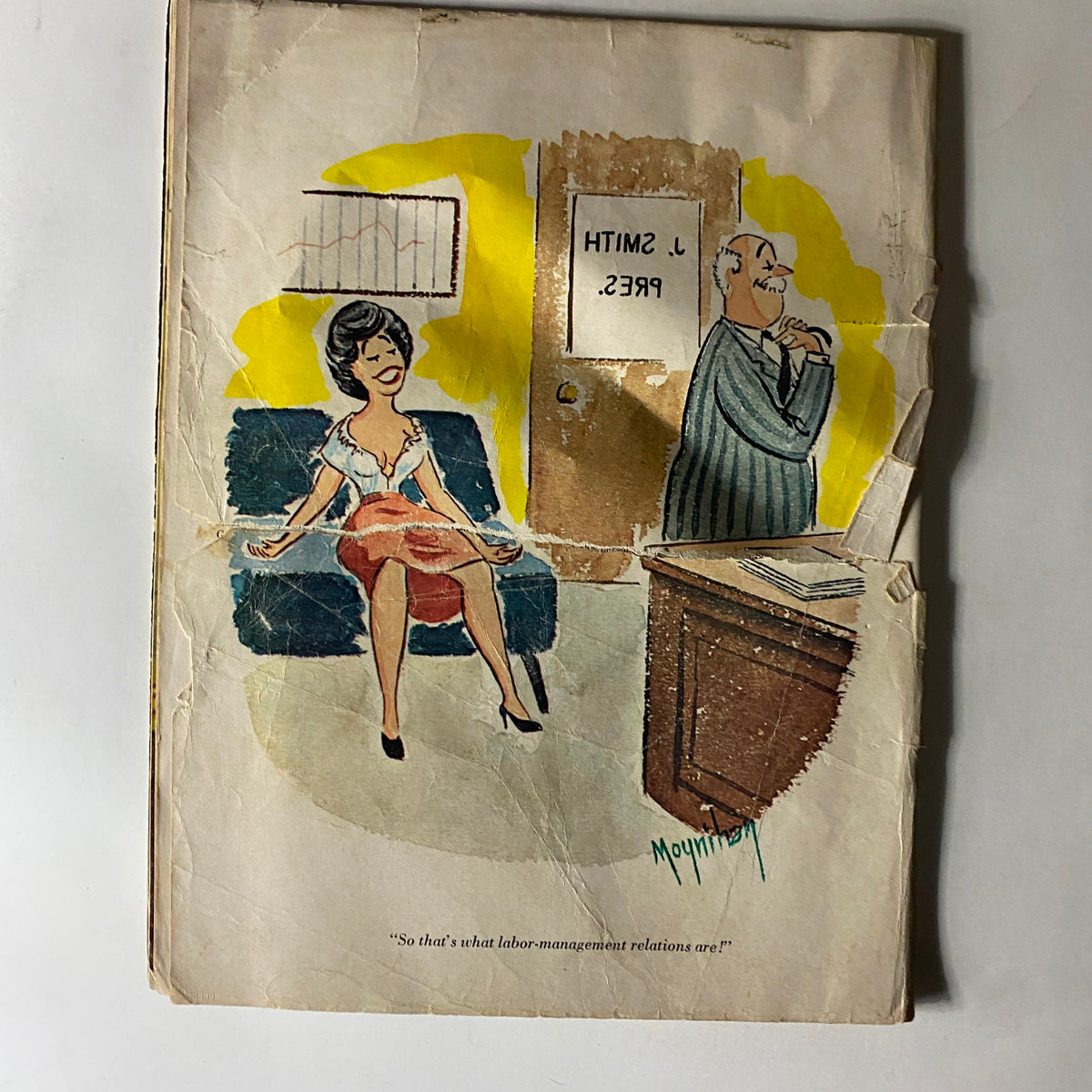 Cover illustration from Gentleman Magazine April 1962, featuring a woman seated casually, with the title 'So that's what labor-management relations are!' in a comical context.