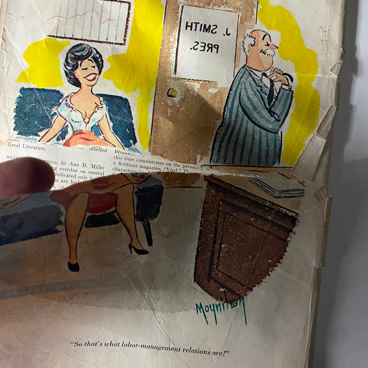 Close-up of the cover illustration from Gentleman Magazine April 1962, showcasing the woman and her amused expression in the humorous scenario with a man in a striped suit.