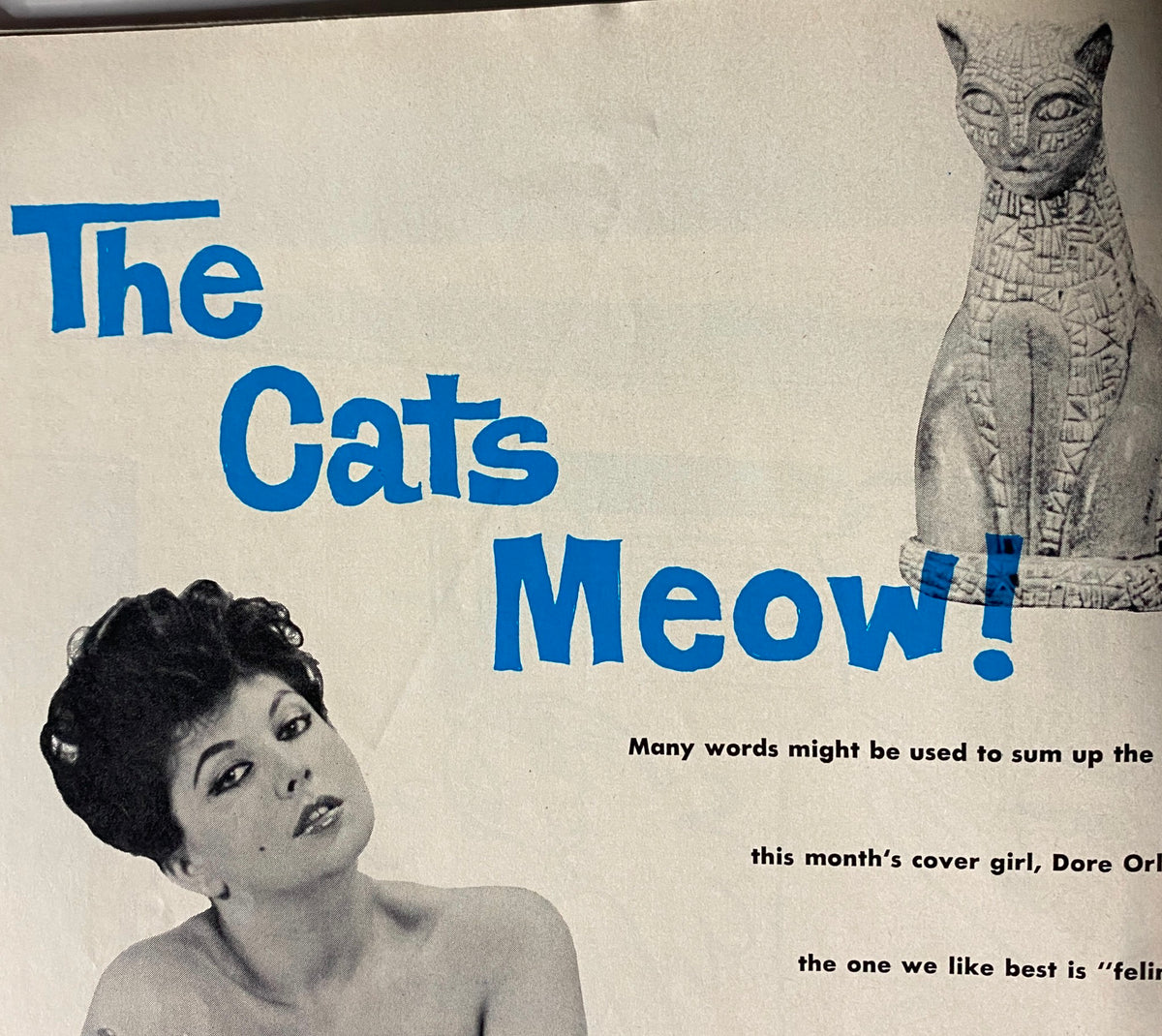 Page from Scamp Magazine September 1961 titled 'The Cats Meow,' showcasing a photo of a woman with stylish hair and a decorative cat statue, emphasizing the theme of the issue.