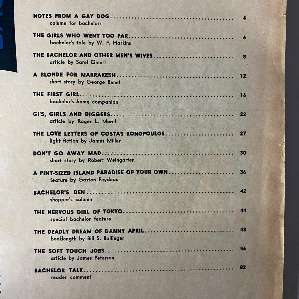 Table of contents from the September 1958 issue of Bachelor Magazine, featuring titles like 'Notes from a Gay Dog' and 'The Deadly Dream of Danny April.'