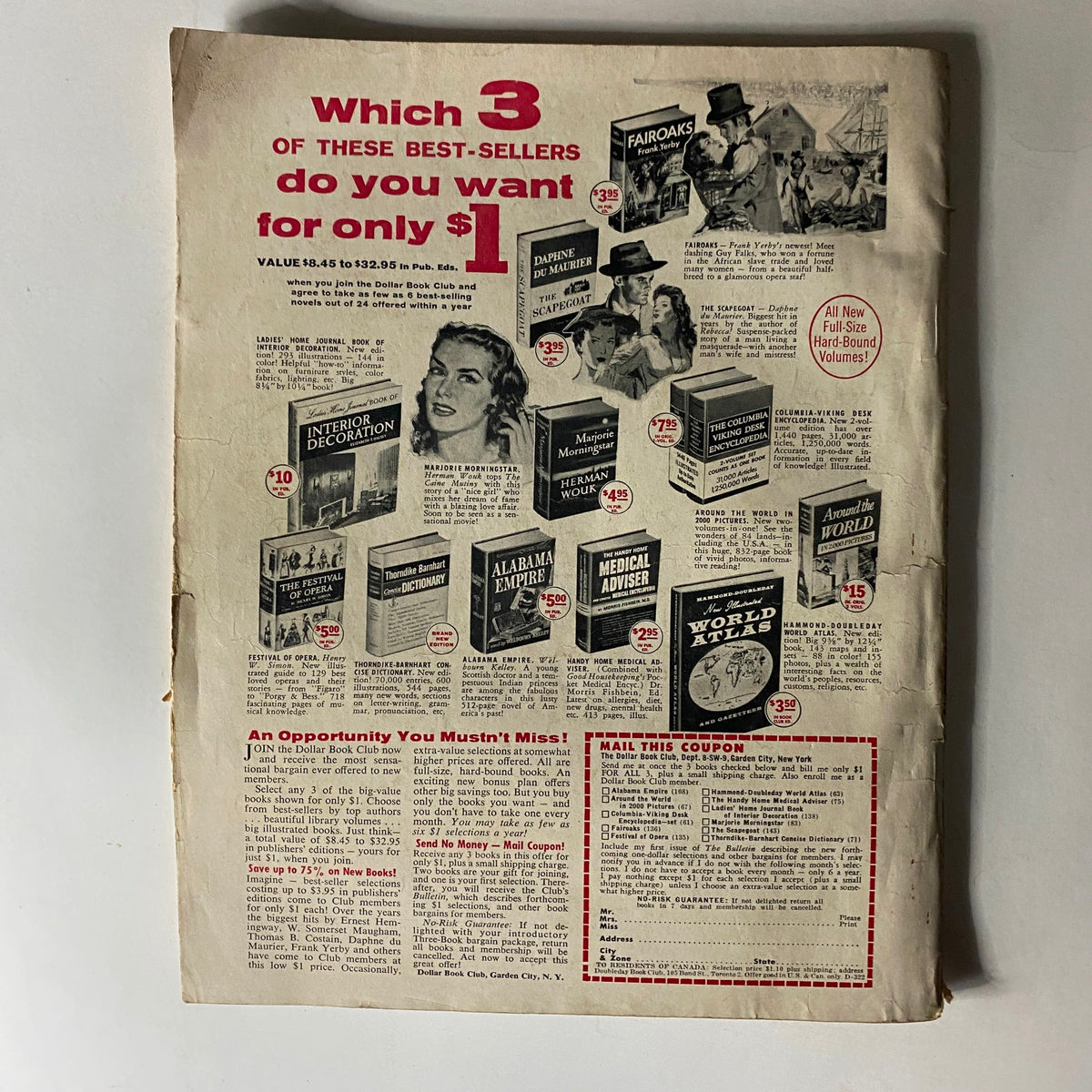 Advertisement page from the September 1958 issue of Bachelor Magazine showcasing various best-selling books available through a book club offer.