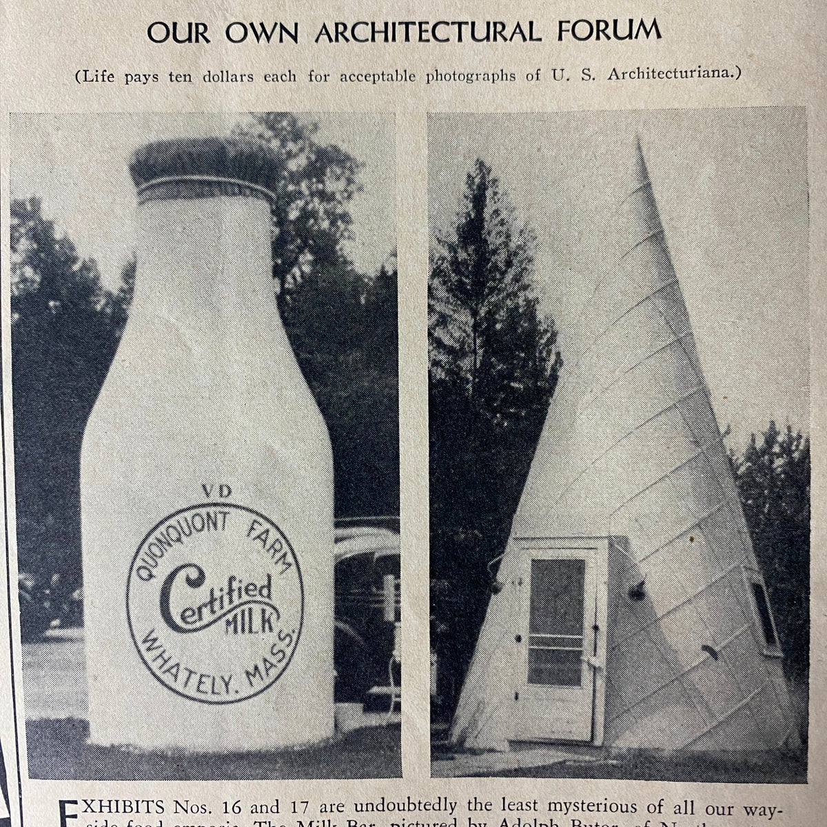A page from Life Magazine October 1936 showcasing the 'Our Own Architectural Forum' section, featuring photographs of unique American architecture including a large milk bottle and a conical building.