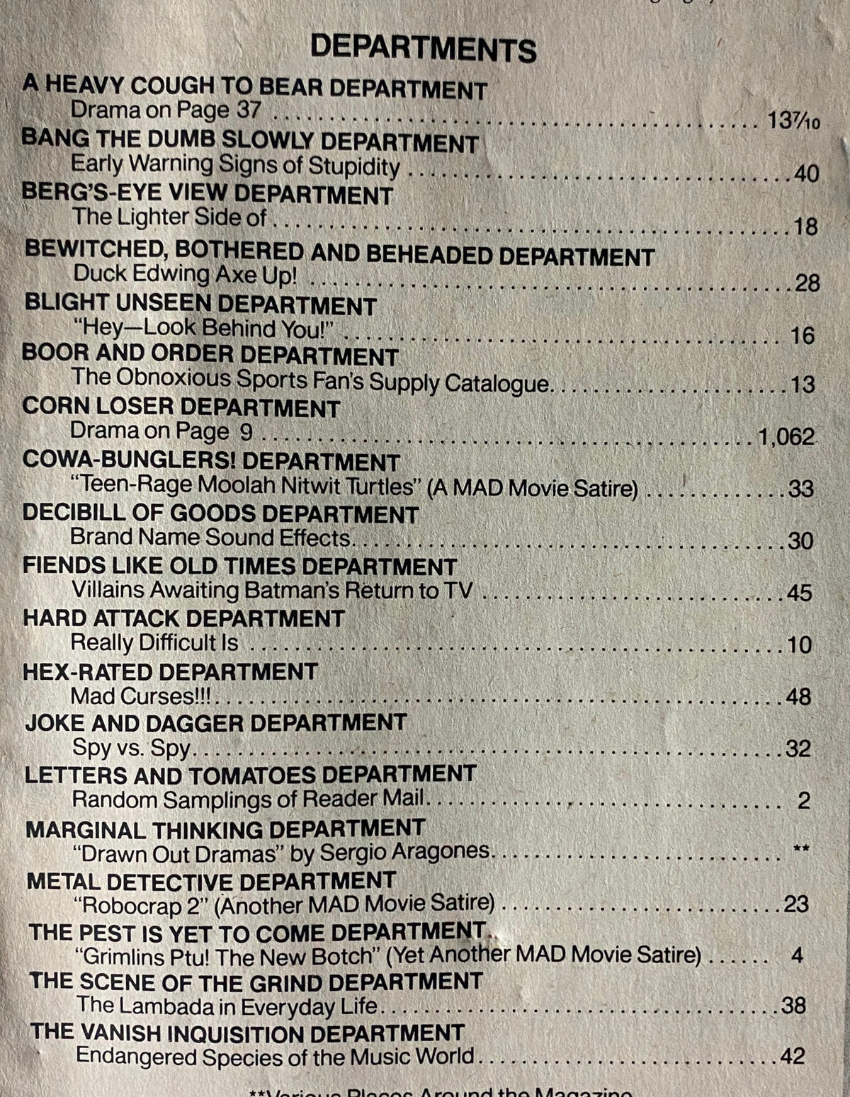 Departments page from Mad Magazine October 1990 No. 298, listing various features such as A Heavy Cough to Bear and Cowa-Bunglers!