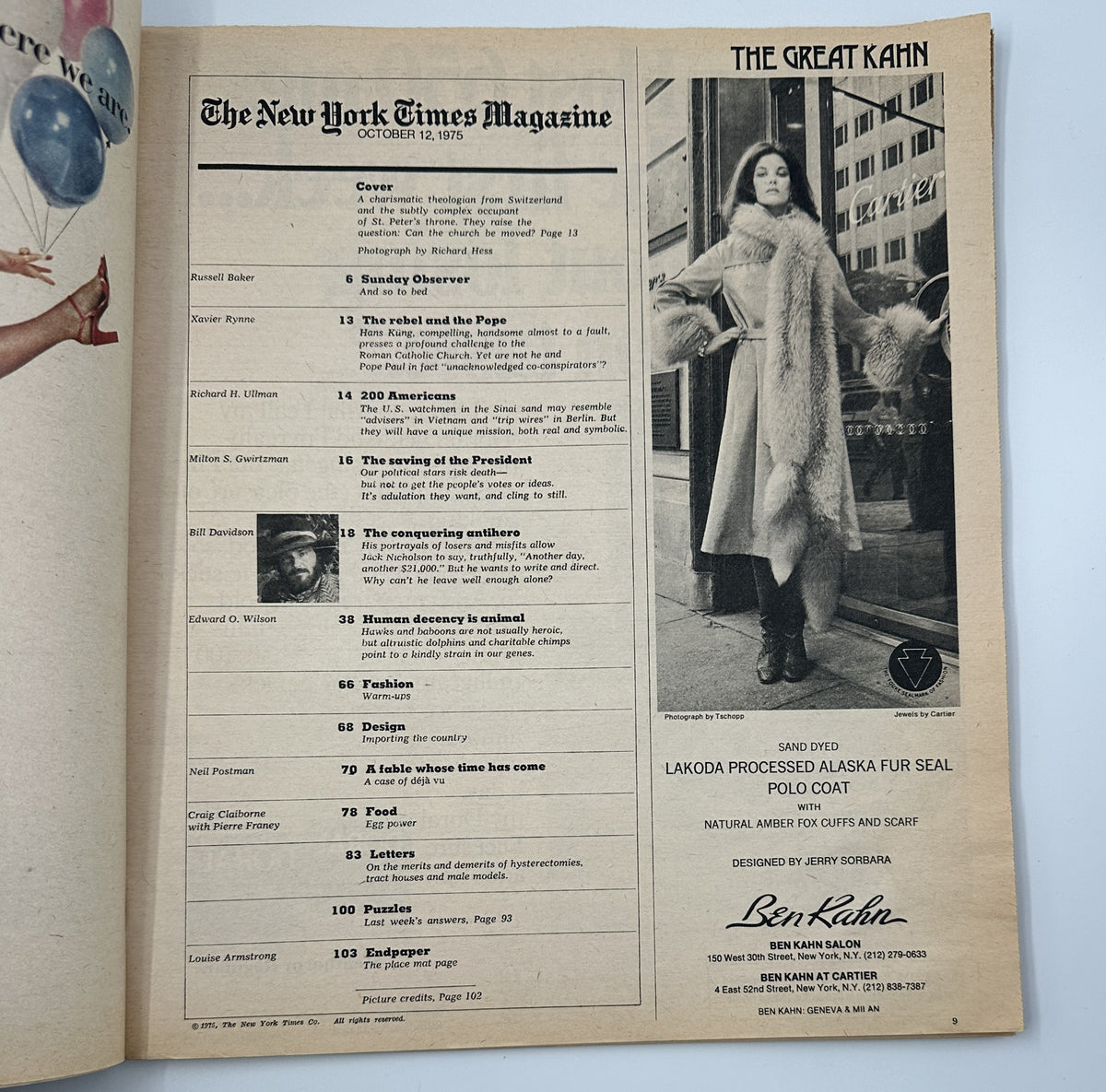Cover of The New York Times Magazine from October 12, 1975 featuring a table of contents including articles by Russell Baker, Xavier Rynne, and Edward O. Wilson. The cover highlights the issue's theme 'The Rebel and the Pope'.
