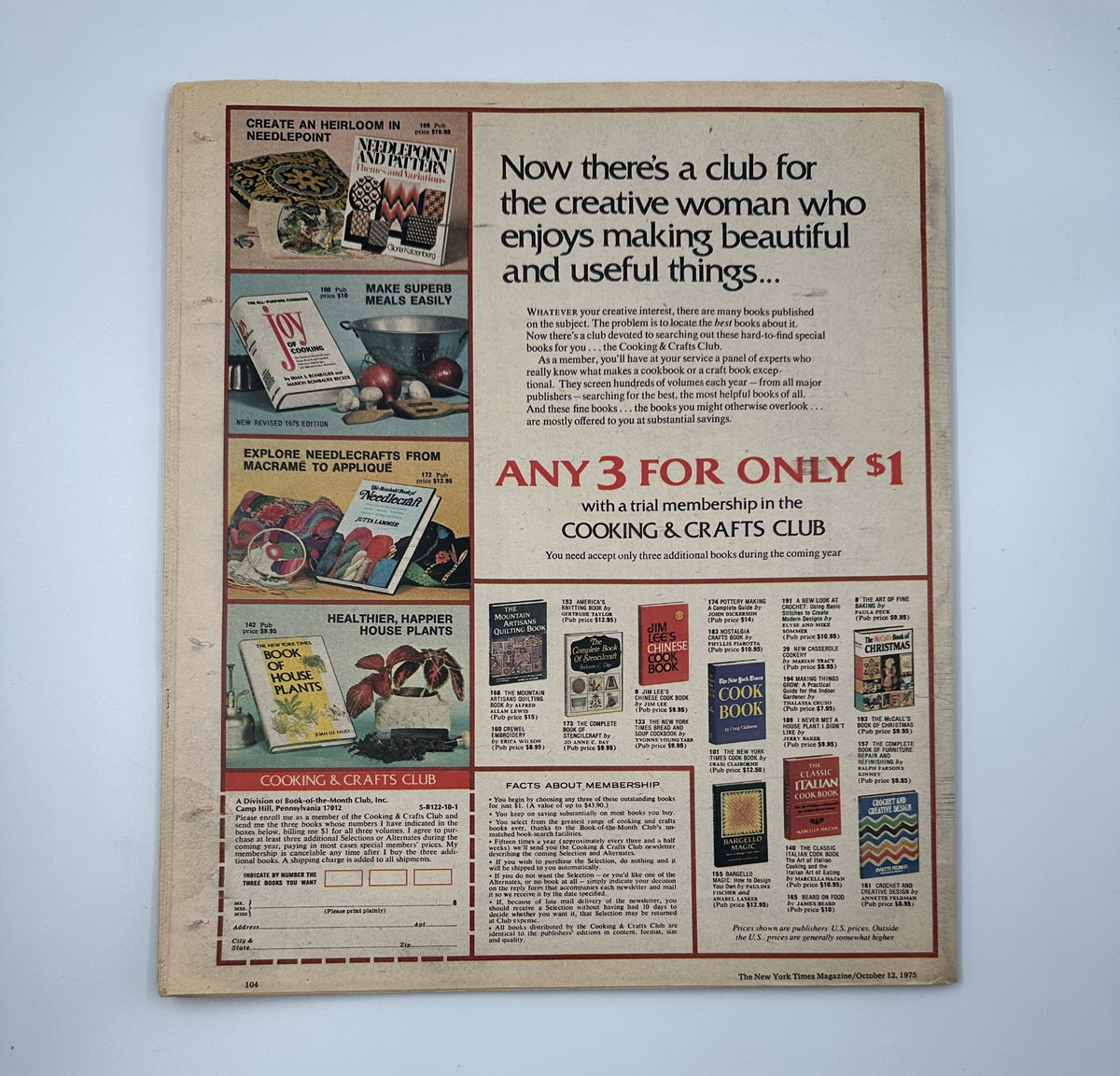 Back cover of The New York Times Magazine from October 12, 1975 promoting the Cooking and Crafts Club, offering a trial membership for $1. The advertisement showcases various crafting and cooking books.