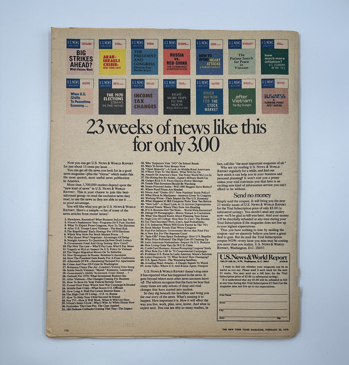 The back page of The New York Times Magazine February 22, 1970, featuring an advertisement for U.S. News & World Report with the text '23 weeks of news like this for only 3.00'.