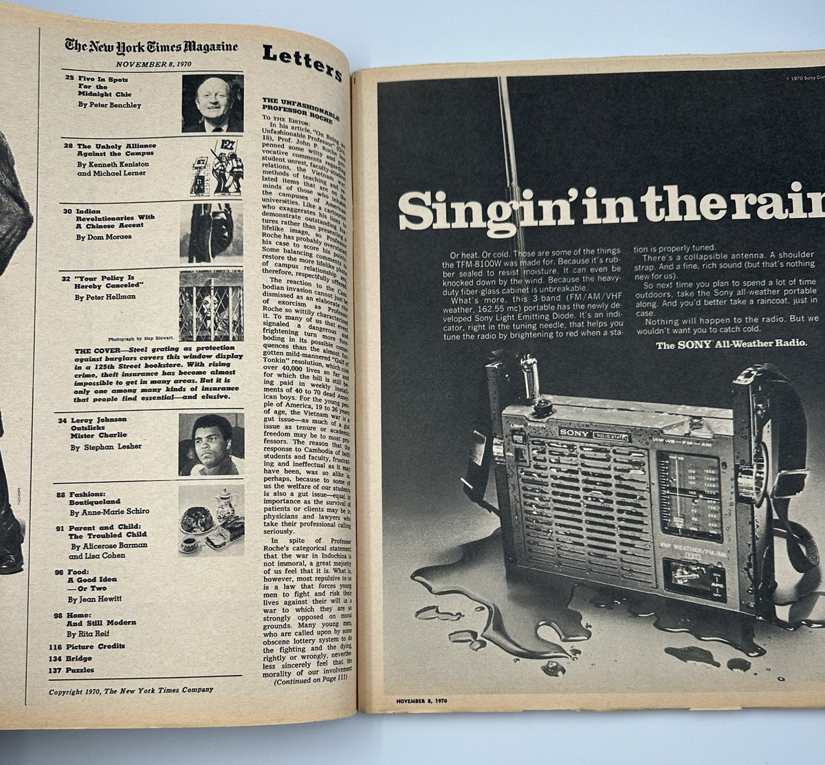 An interior page of The New York Times Magazine from November 8, 1970 showcasing letters to the editor alongside an advertisement for a Sony All-Weather Radio, reflecting the magazine's diverse content.