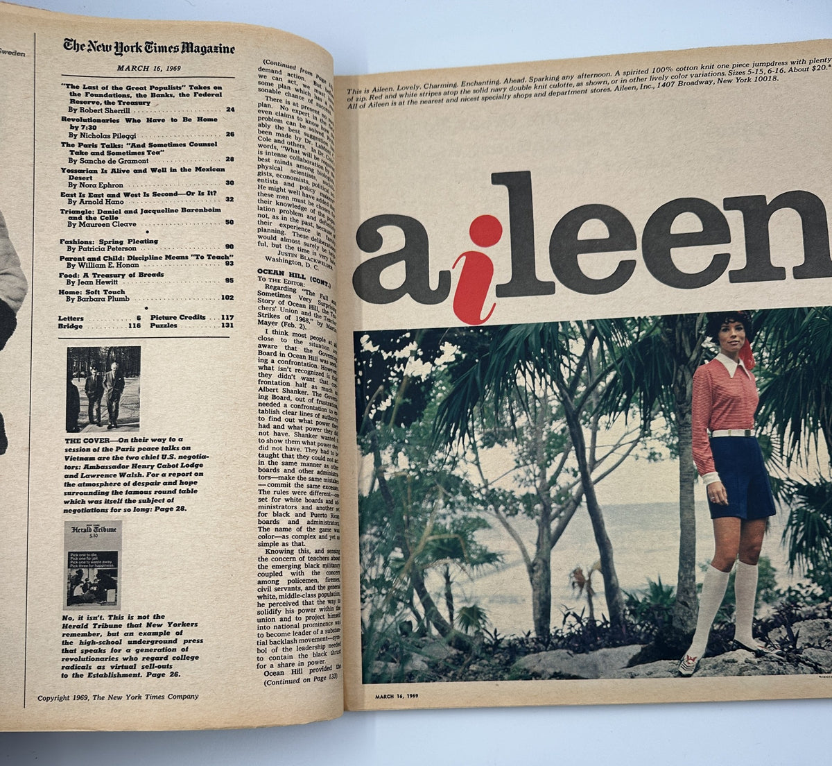 Inside page of The New York Times Magazine March 16, 1969 displaying the Table of Contents with a large photo of a woman named Aileen, showcasing fashion amidst a tropical background.