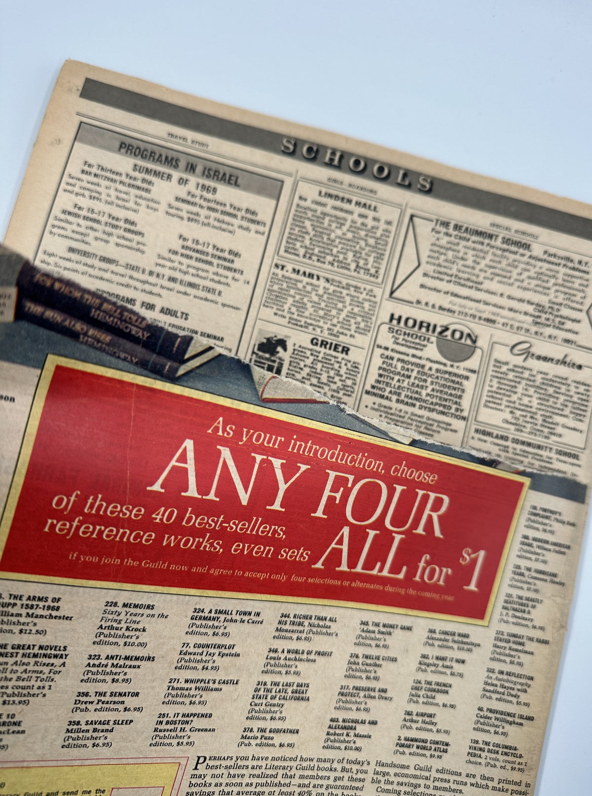 The New York Times Magazine March 30, 1969 cover featuring an advertisement for choosing any four of 40 best-sellers for $1, alongside a list of programs in Israel and other educational options.