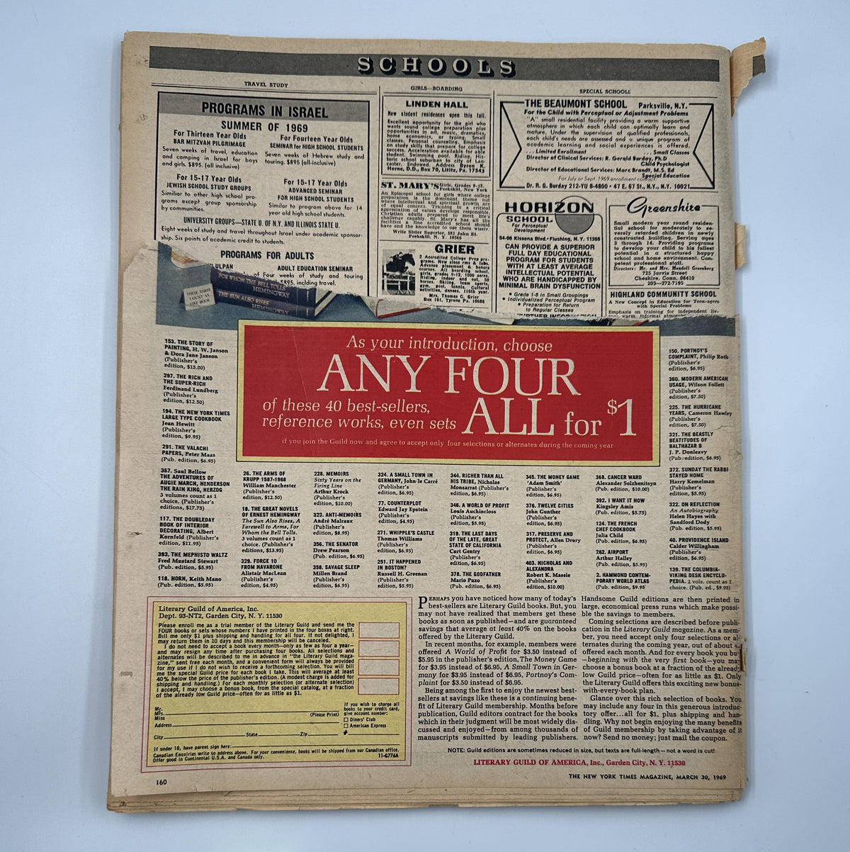 The New York Times Magazine March 30, 1969 highlighted with an advertisement offering any four of 40 reference works for $1, and information about various educational programs available.