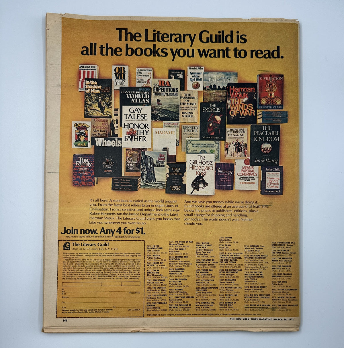 Back cover of The New York Times Magazine March 26, 1972, showcasing advertisements for The Literary Guild and promoting book subscriptions.