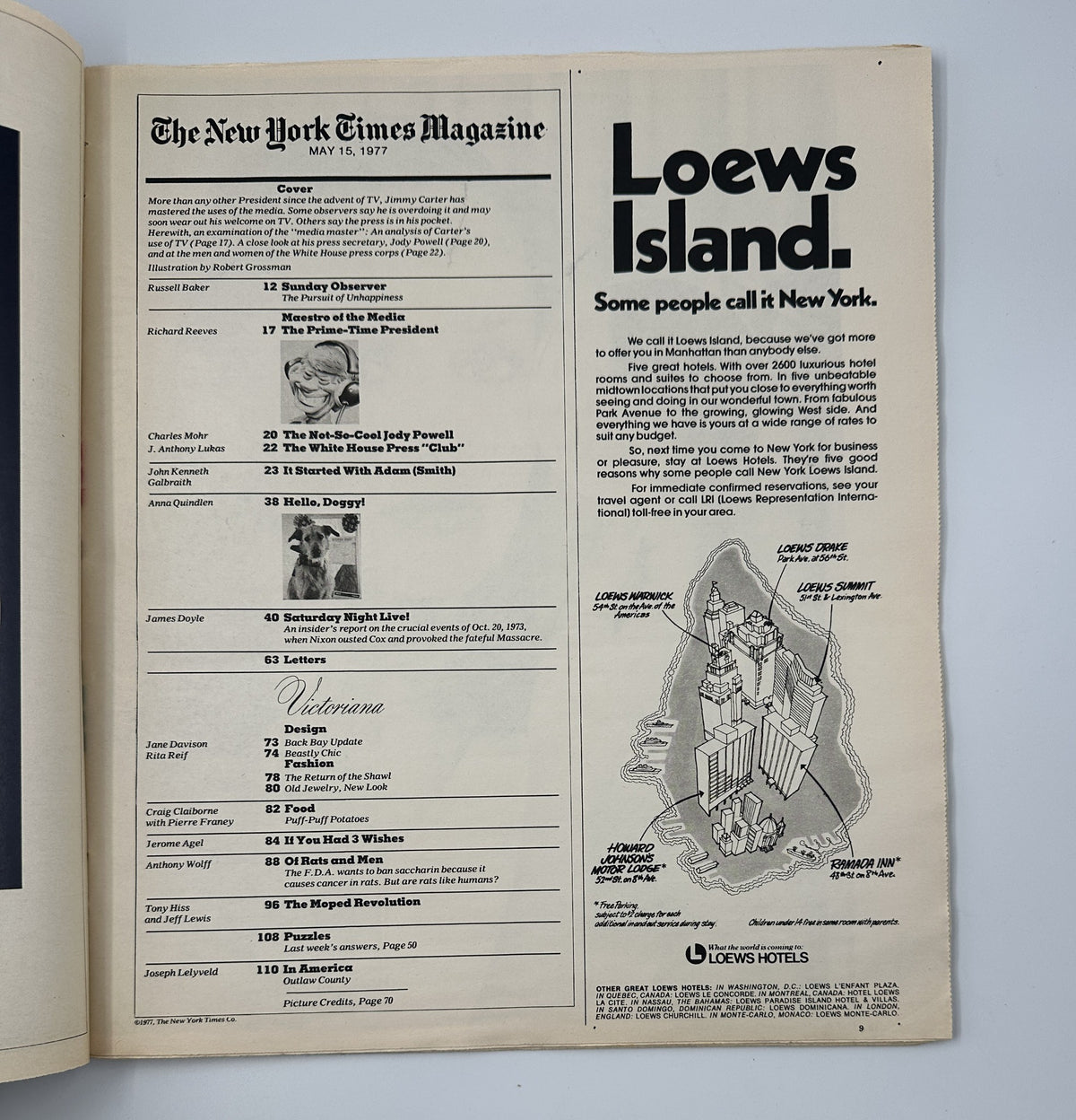 The New York Times Magazine May 15, 1977 inside page including the Table of Contents with featured articles including 'The Prime-Time President' and 'The Not-So-Cool Jody Powell'.