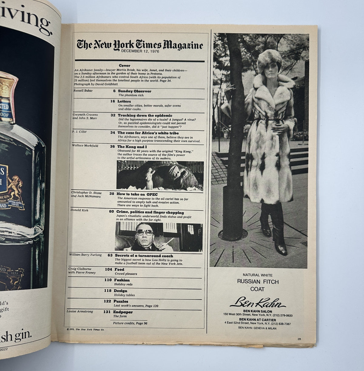 Cover page of The New York Times Magazine December 12, 1976 featuring an Afrikaner family in Pretoria. This issue highlights the loneliness of Afrikaners in South Africa and includes notable articles such as tracking down an epidemic and the case for Africa's white tribe.