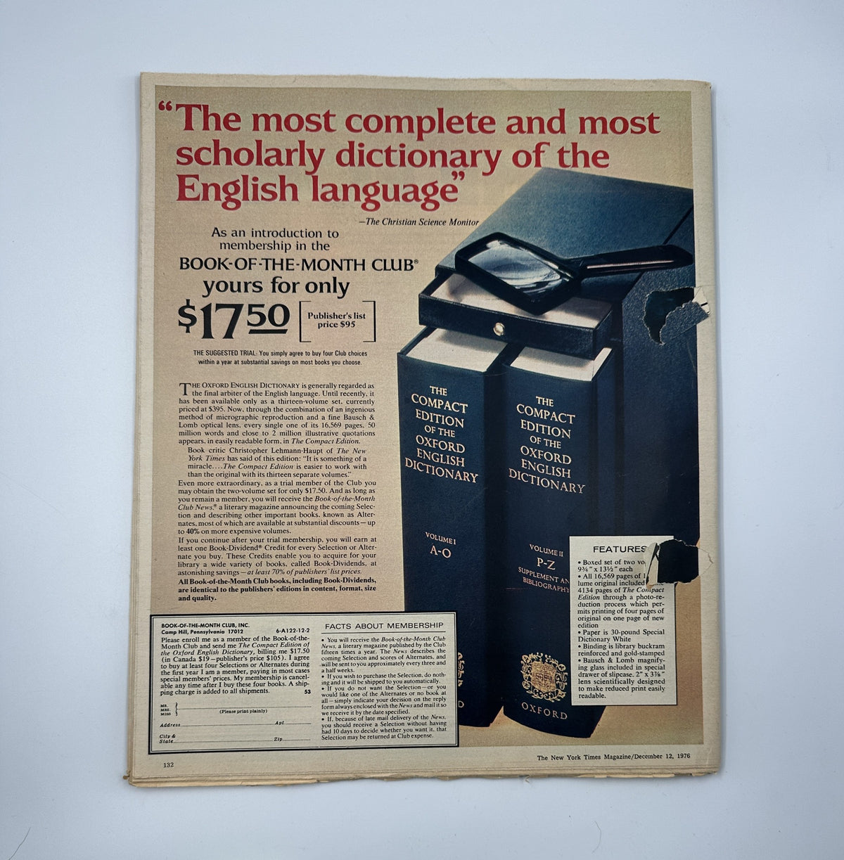 Back cover of The New York Times Magazine December 12, 1976 advertising the Compact Edition of the Oxford English Dictionary. This issue is part of a direct mail offering with a price tag of $17.50.