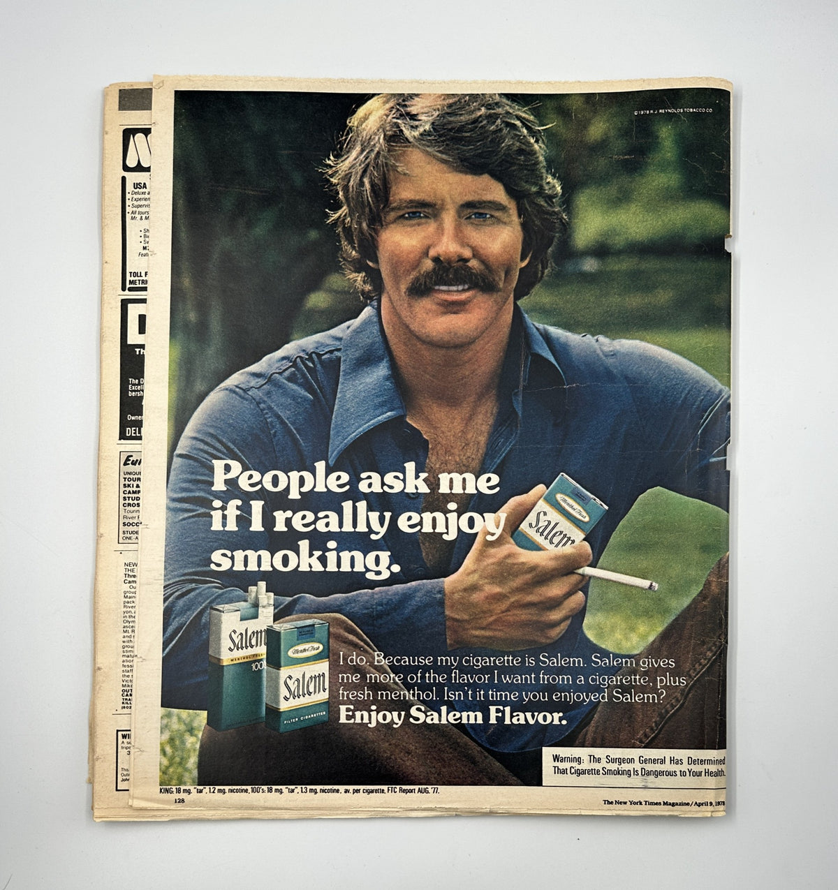 Vintage advertisement for Salem cigarettes featuring a smiling man with a mustache, promoting the cigarette brand and its flavor, from The New York Times Magazine April 9, 1978 George Steinbrenner Yankees Cover.