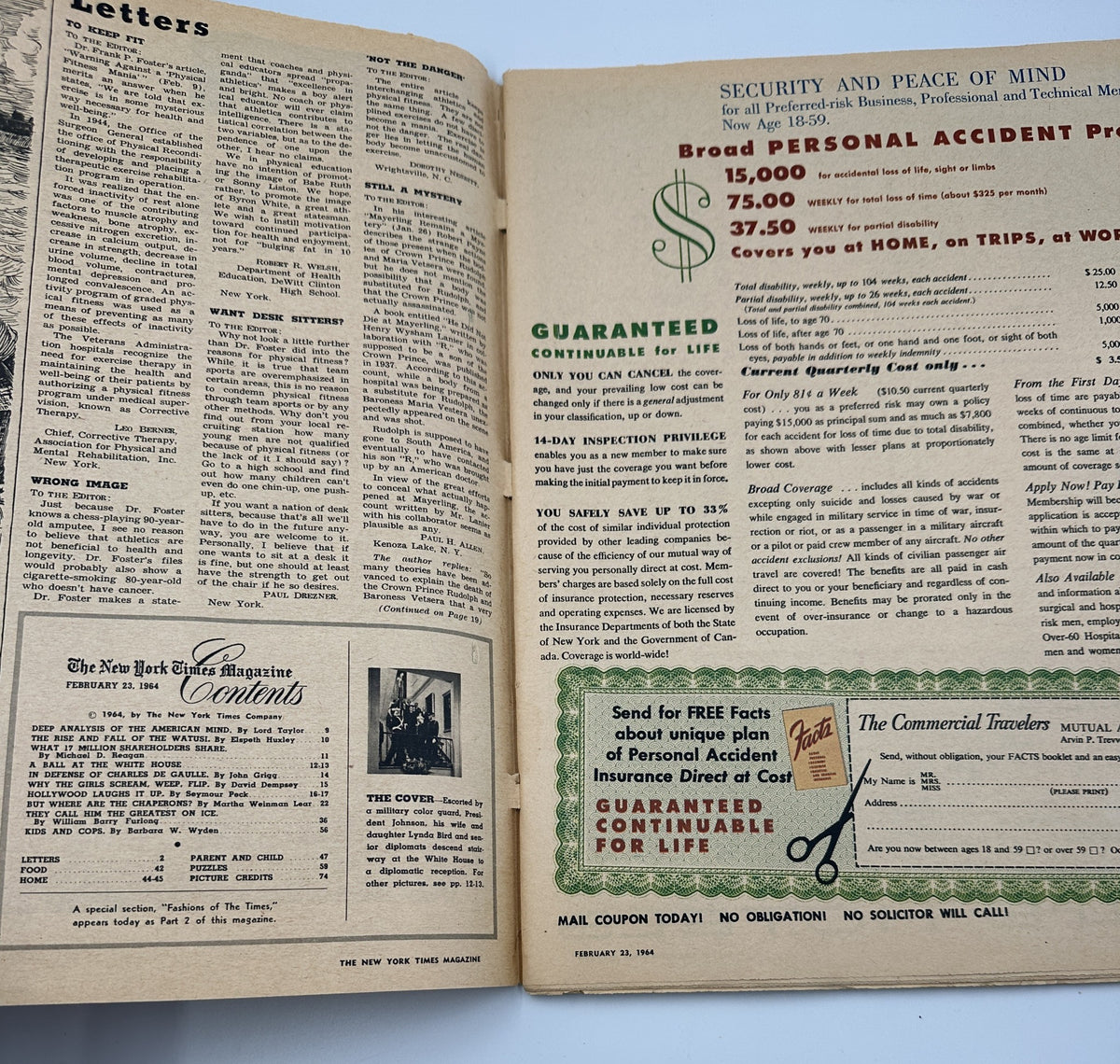 Inside pages of The New York Times Magazine February 23, 1964 with letters section and advertisements, providing a glimpse of the magazine's vintage design and content layout.