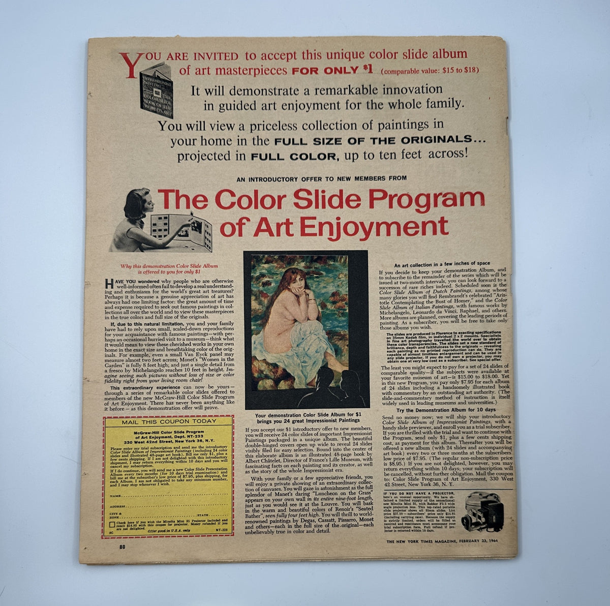 Back cover of The New York Times Magazine February 23, 1964 featuring an advertisement for a unique color slide program, illustrating art masterpieces.