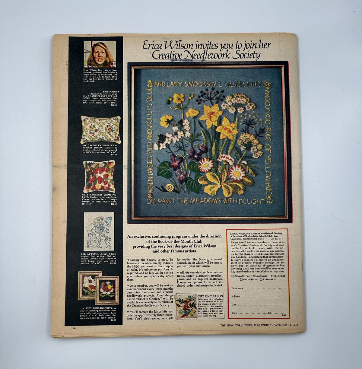 Advertisement from The New York Times Magazine November 12, 1972, promoting Erica Wilson's Creative Needlework Society with colorful floral designs and artistic needlework examples.