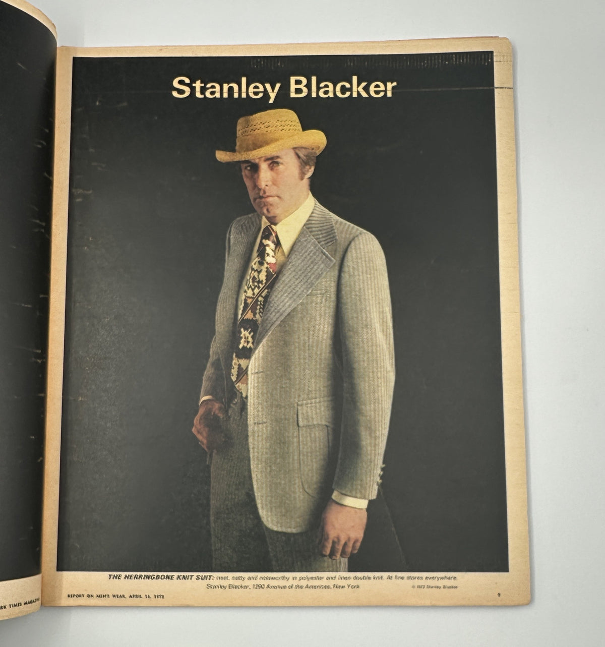 Inside page from The New York Times Magazine April 16, 1972 Report on Men’s Wear showcasing Stanley Blacker in a stylish suit and straw hat.