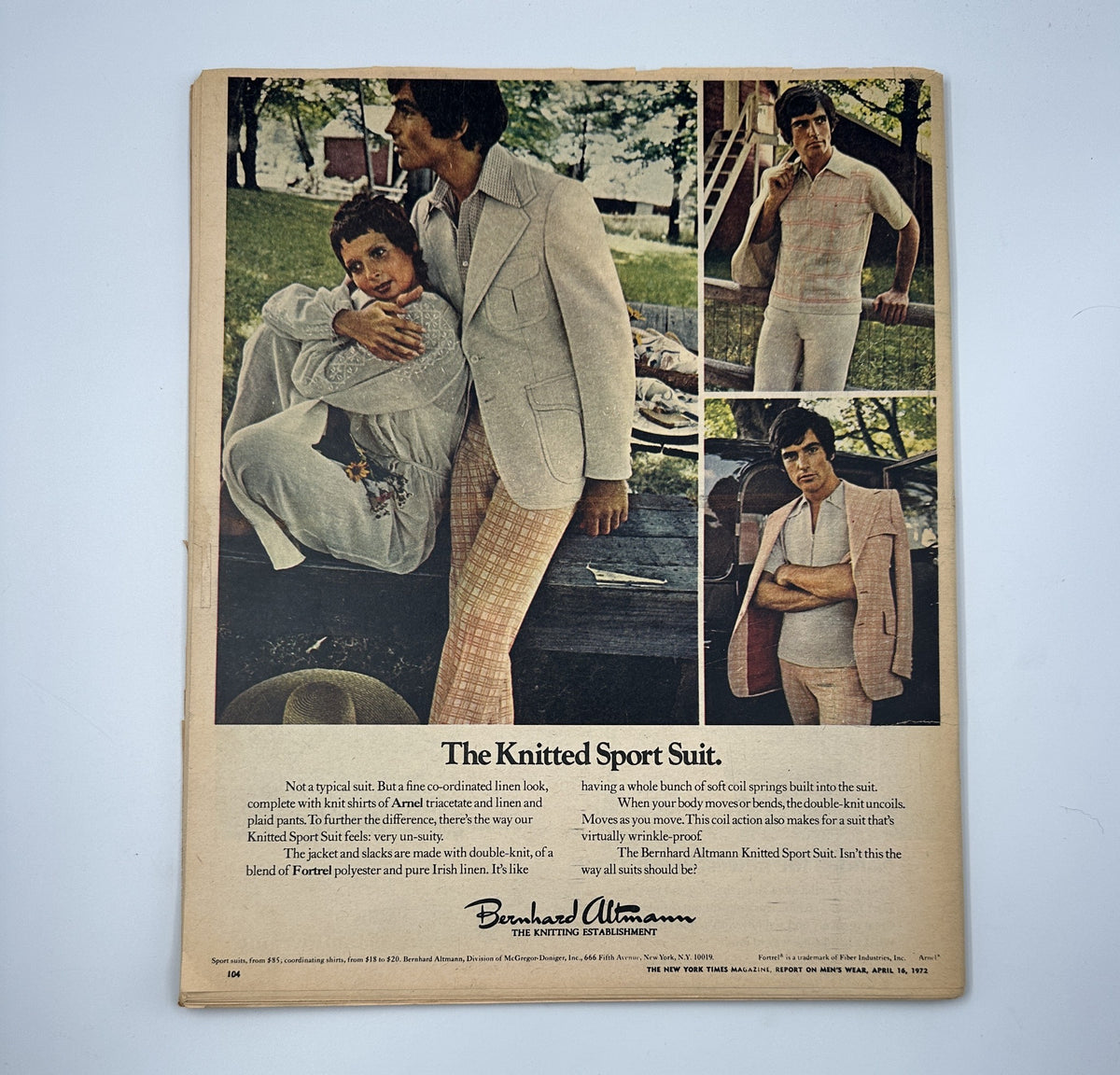 Back cover of The New York Times Magazine April 16, 1972 Report on Men’s Wear featuring a knitted sport suit advertisement with a couple in a park setting.