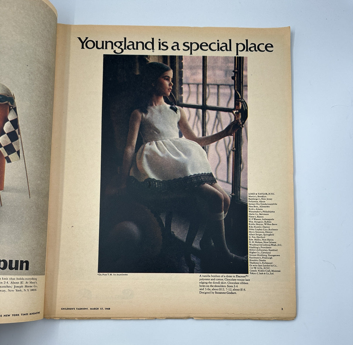 Interior page of The New York Times Magazine March 17, 1968 Children's Fashions Issue showcasing a girl in a white dress, highlighting a feature on Youngland children's fashion.