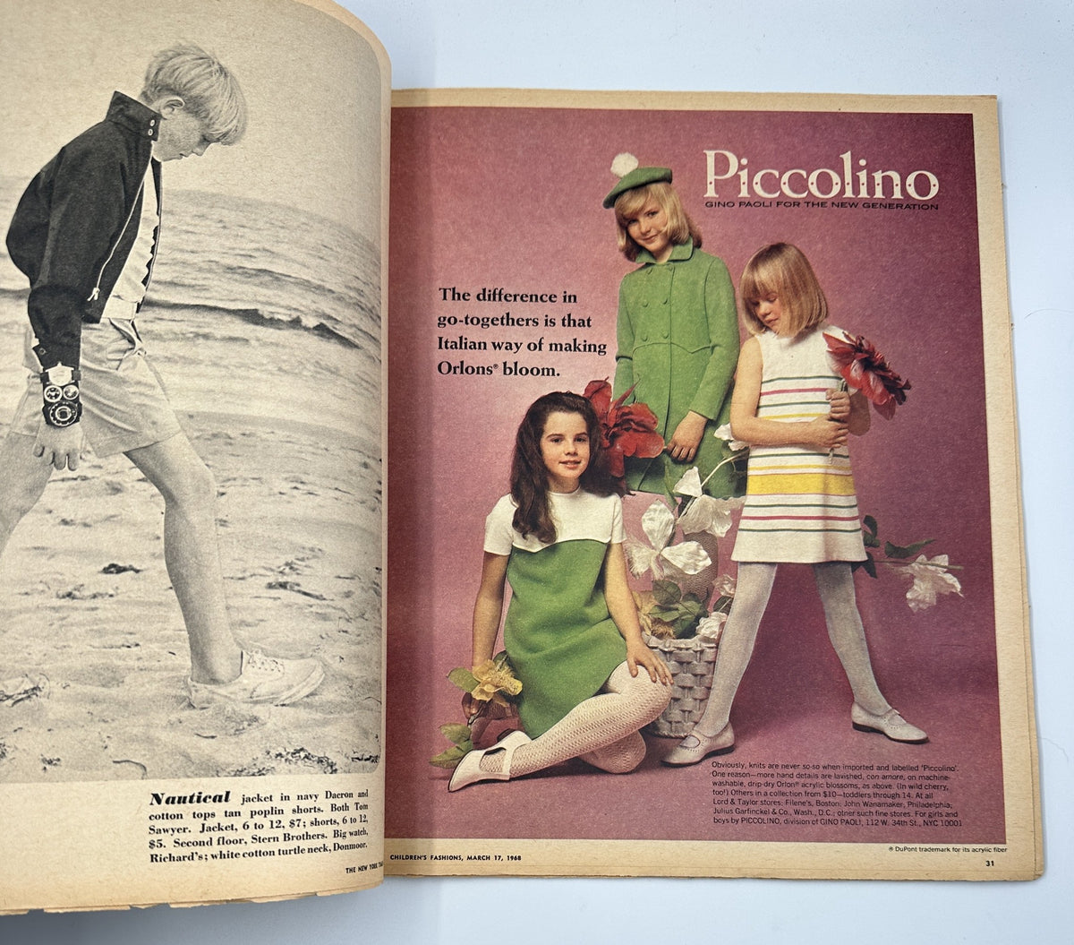 Page from The New York Times Magazine March 17, 1968 Children's Fashions Issue displaying girls in colorful outfits, emphasizing Piccolino children's fashion.