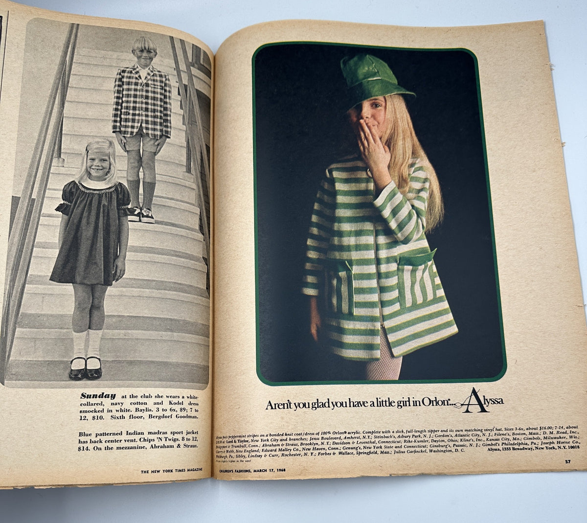 Interior spread of The New York Times Magazine March 17, 1968 Children's Fashions Issue showcasing a girl in green and striped attire, focused on popular children's styles of the era.
