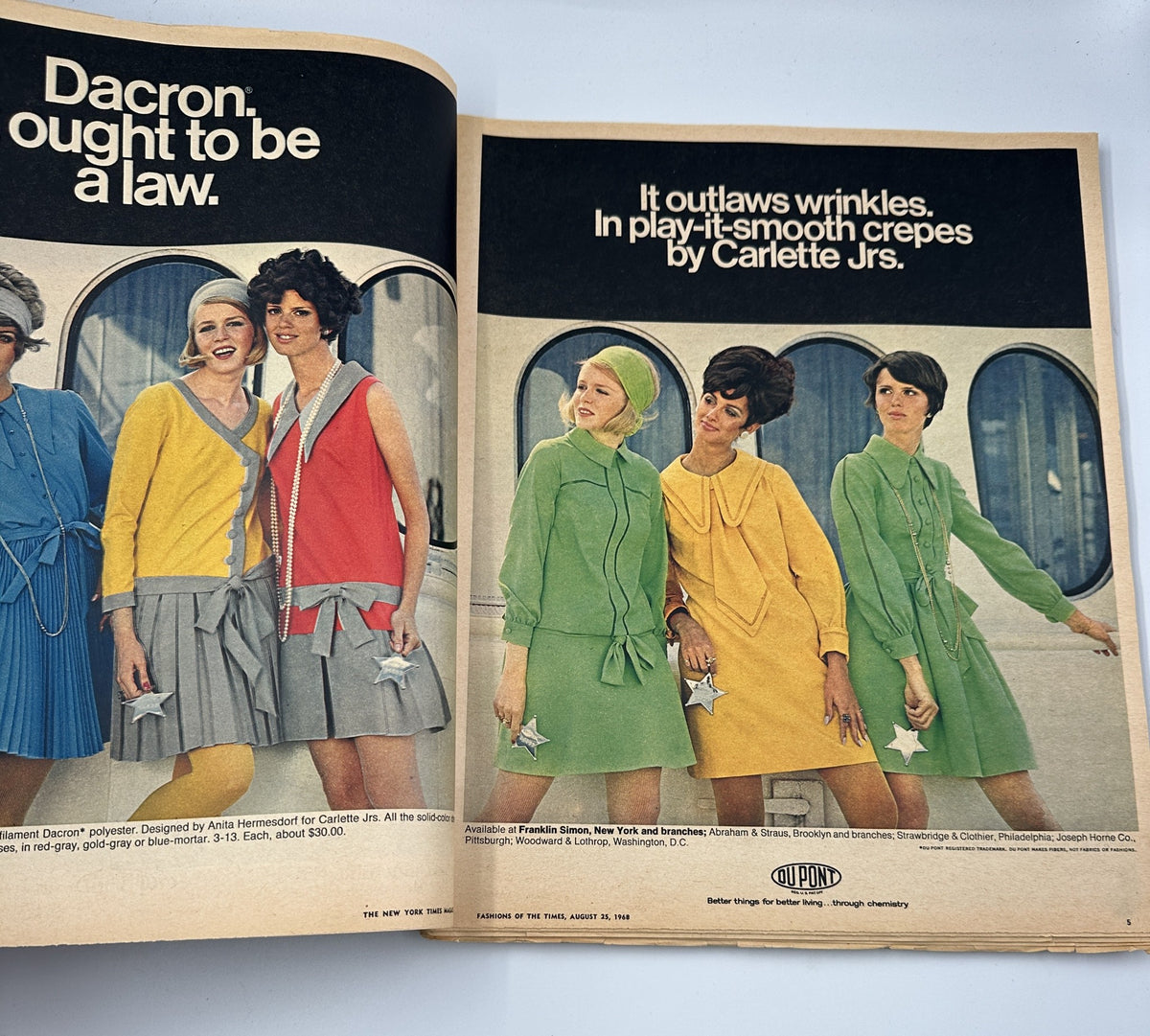 Interior page of The New York Times Magazine August 25, 1968 displaying models in colorful outfits with the caption about Dacron fabric, exemplifying 1960s fashion trends.