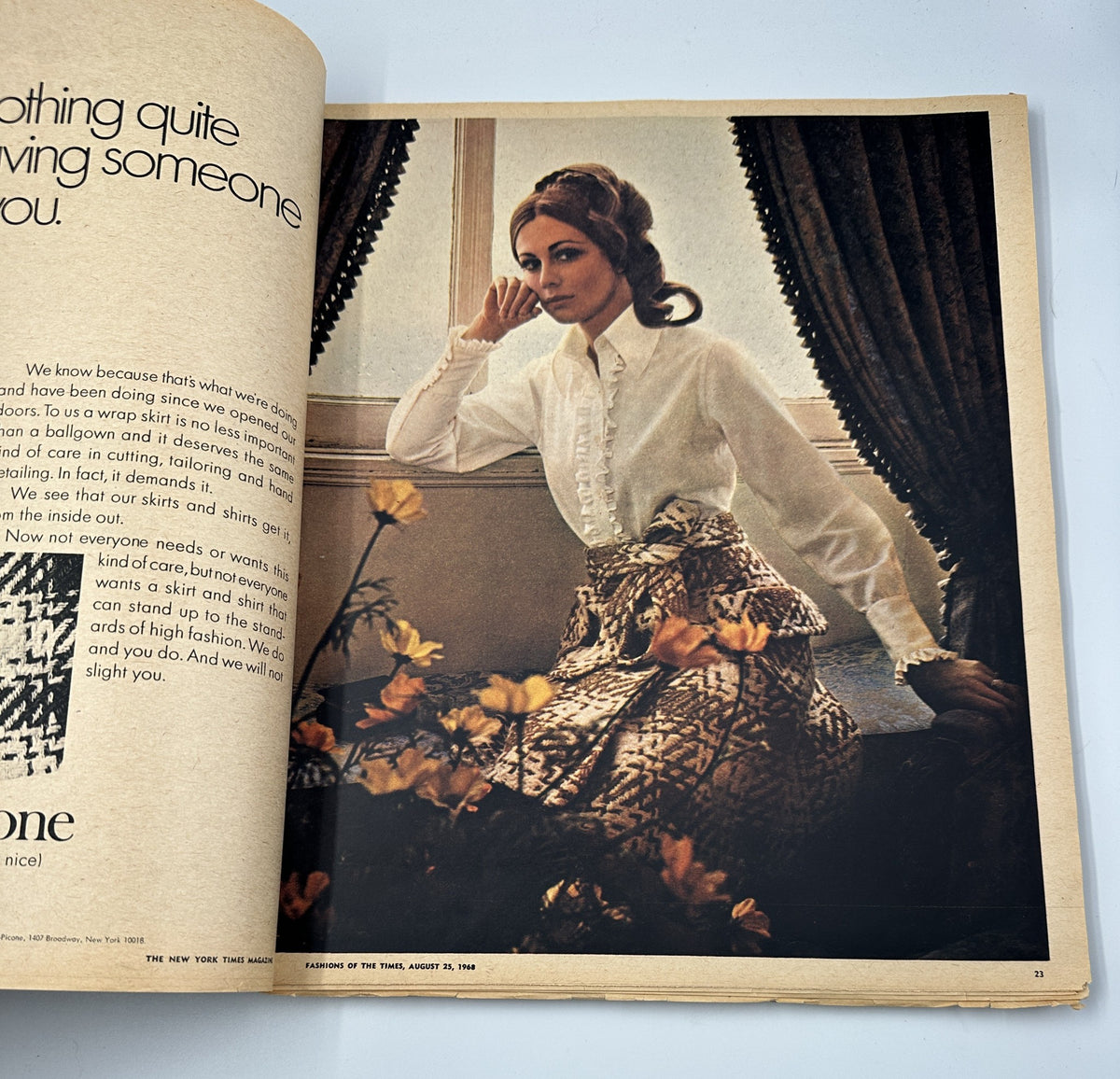 Interior page of The New York Times Magazine August 25, 1968 featuring a model in a sophisticated ensemble, highlighting the style and elegance of late-60s fashion.