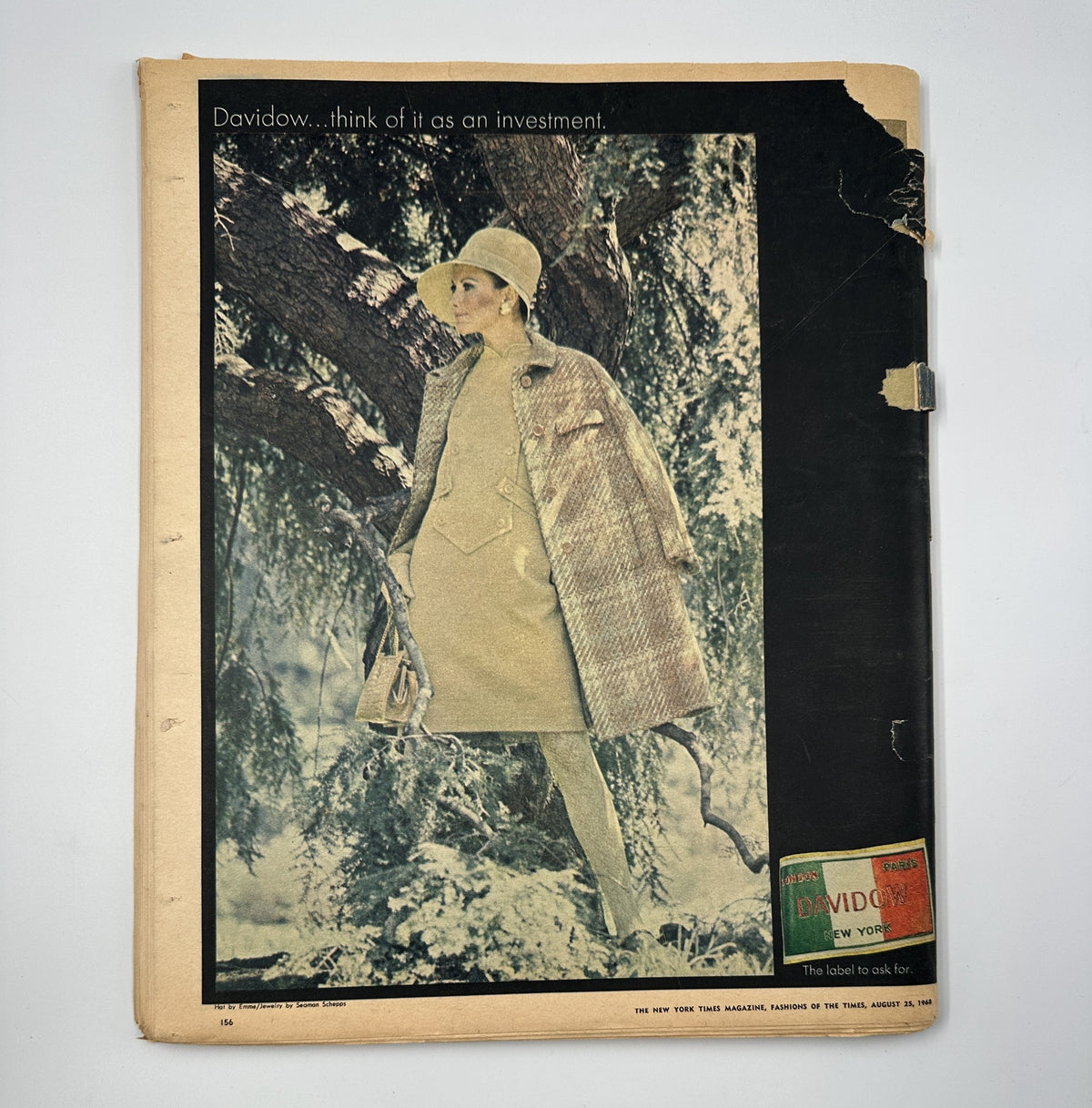 The New York Times Magazine August 25, 1968 Fashions of the Times Cover displays an advertisement featuring a model in a fashionable 1960s outfit, emphasizing the magazine's iconic style and design from that time.