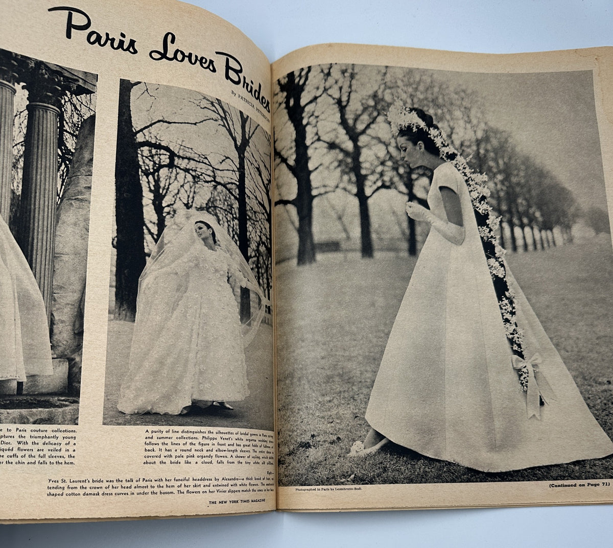 Fashion photography from The New York Times Magazine March 1, 1964, titled 'Paris Loves Brides,' showcasing bridal fashion with a model in a flowing gown surrounded by a serene winter landscape.