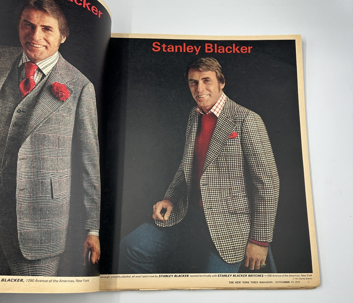 Cover photo from The New York Times Magazine September 17, 1972, featuring Stanley Blacker in a fashion-forward checked blazer and a red pocket square, showcasing 1970s menswear elegance.