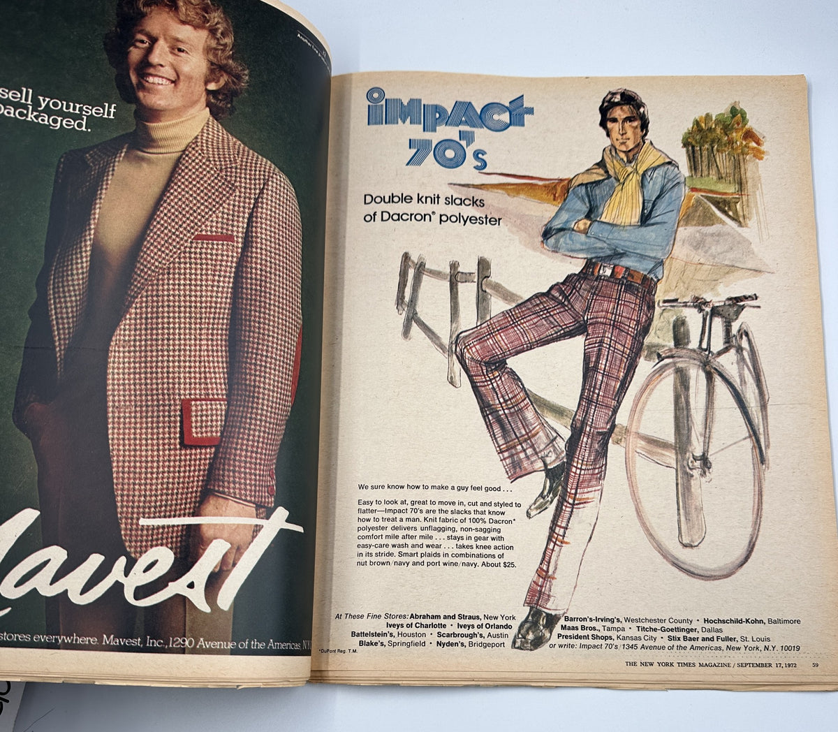 Vintage advertisement from The New York Times Magazine September 17, 1972, presenting Dacon polyester double-knit slacks, featuring a model in plaid attire alongside a bicycle, highlighting early-1970s fashion trends.