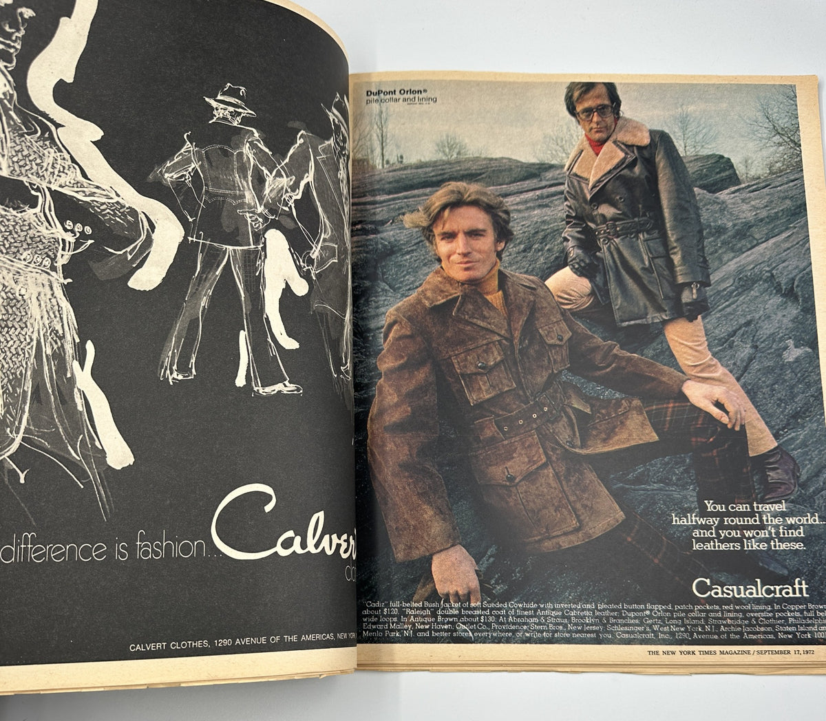 Fashion spread from The New York Times Magazine September 17, 1972, showcasing models in stylish outerwear, emphasizing casual leathers and vintage clothing, indicative of 1970s fashion.