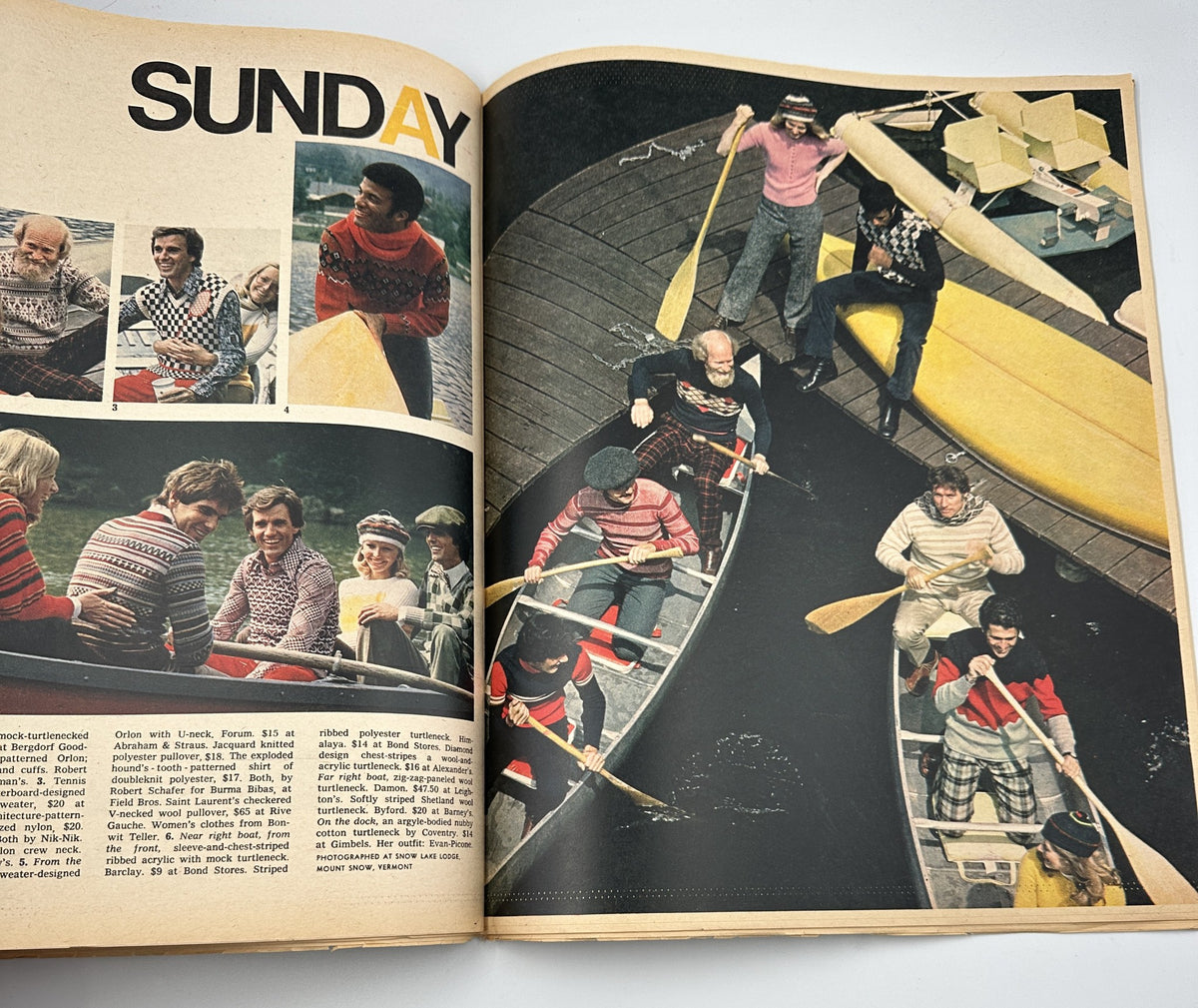 Group of men in vintage sweaters featured in The New York Times Magazine September 17, 1972, engaged in recreational rowing activities, capturing a snapshot of 1970s outdoor leisure fashion.