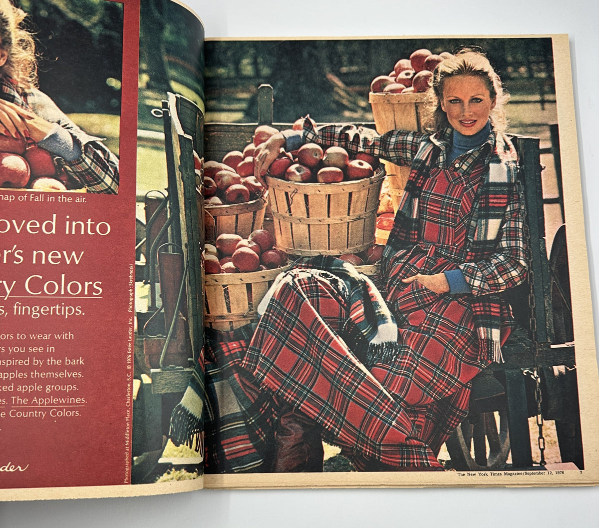 Interior spread of The New York Times Magazine September 12, 1976, showcasing a model in plaid attire surrounded by baskets of apples, highlighting the fashion of the 1970s.