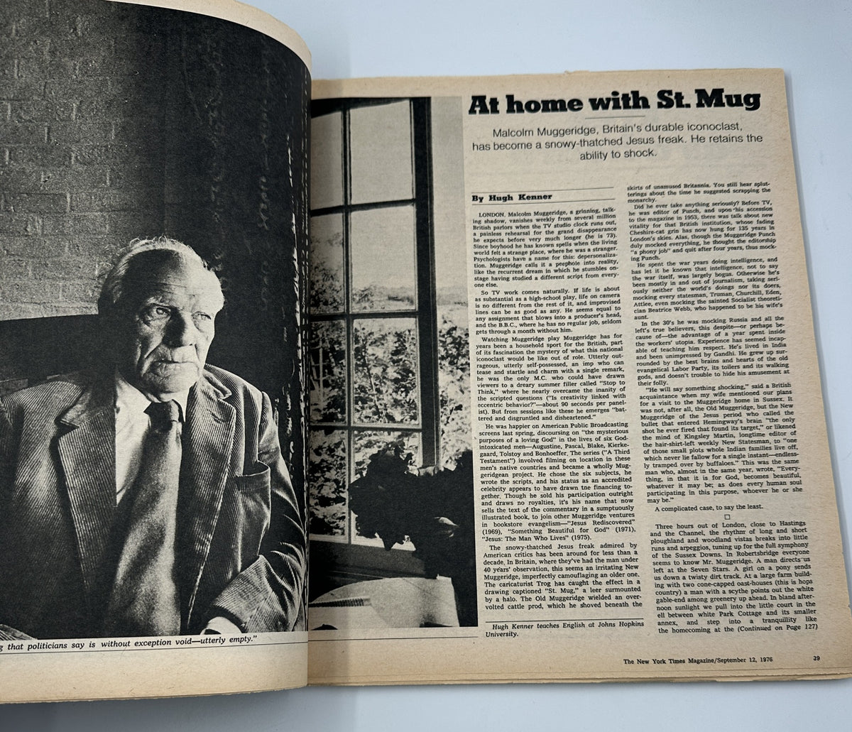 Interior page of The New York Times Magazine September 12, 1976, featuring an article titled 'At home with St. Mug,' illustrating a portrait of a man in a study with large windows.