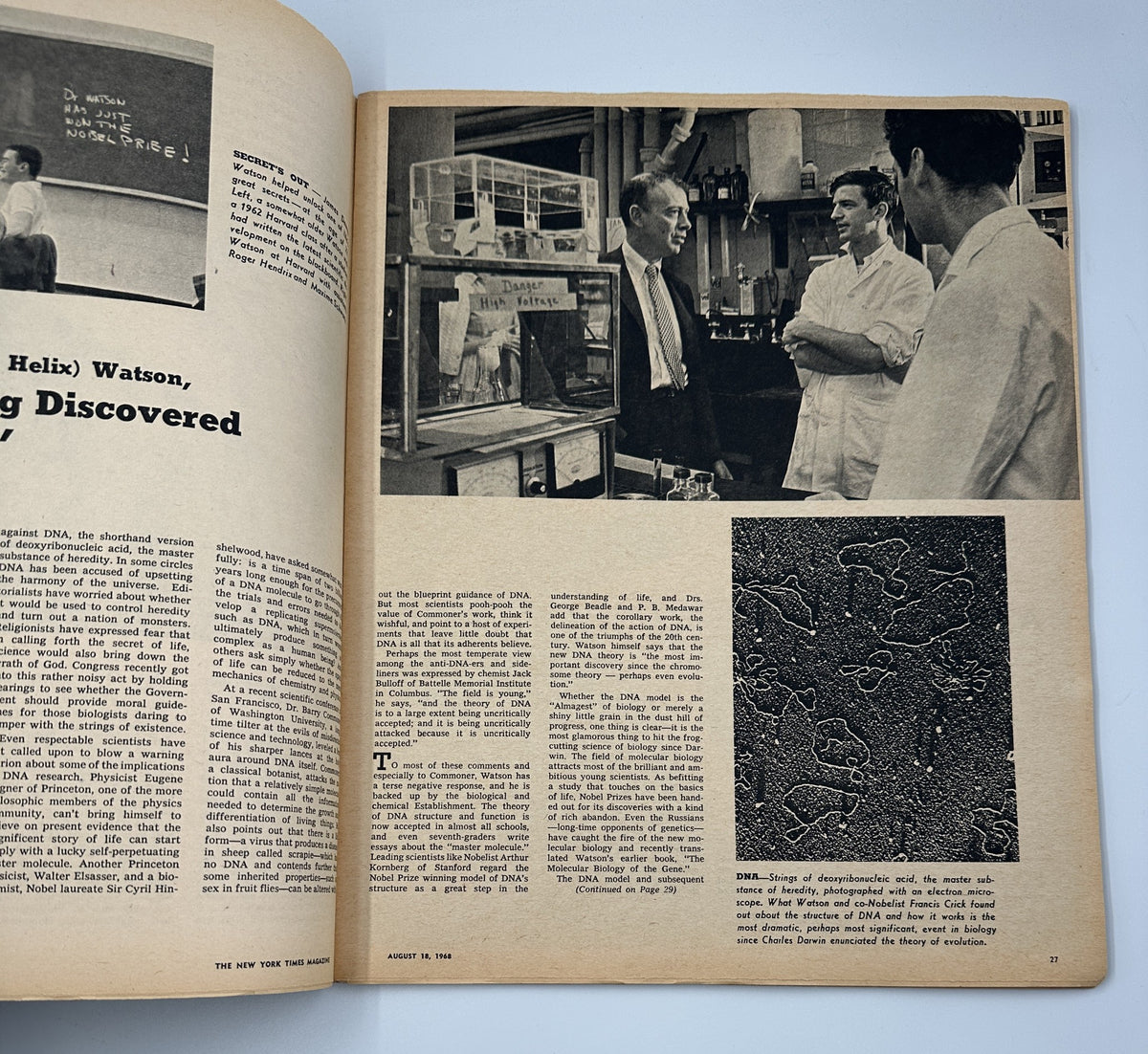 An article page featuring James (Double Helix) Watson discussing the discovery of DNA, with visual depictions of DNA structures and Watson engaged in dialogue with colleagues.