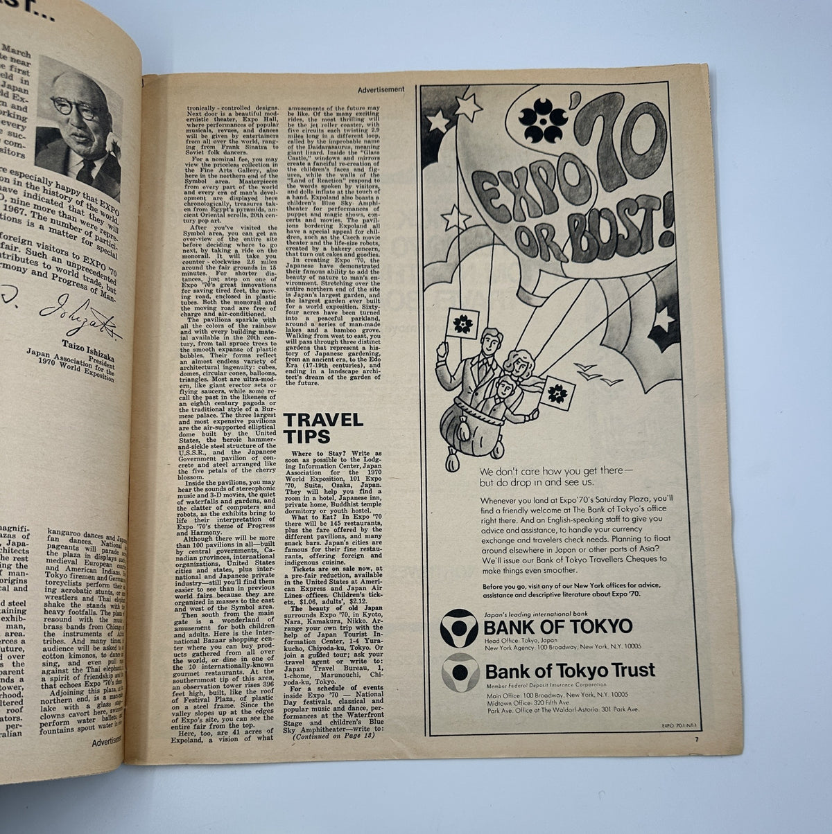 Inside page of The New York Times Magazine September 21, 1969, featuring an advertisement for Expo ’70 with travel tips, illustrating travel options while promoting the event.