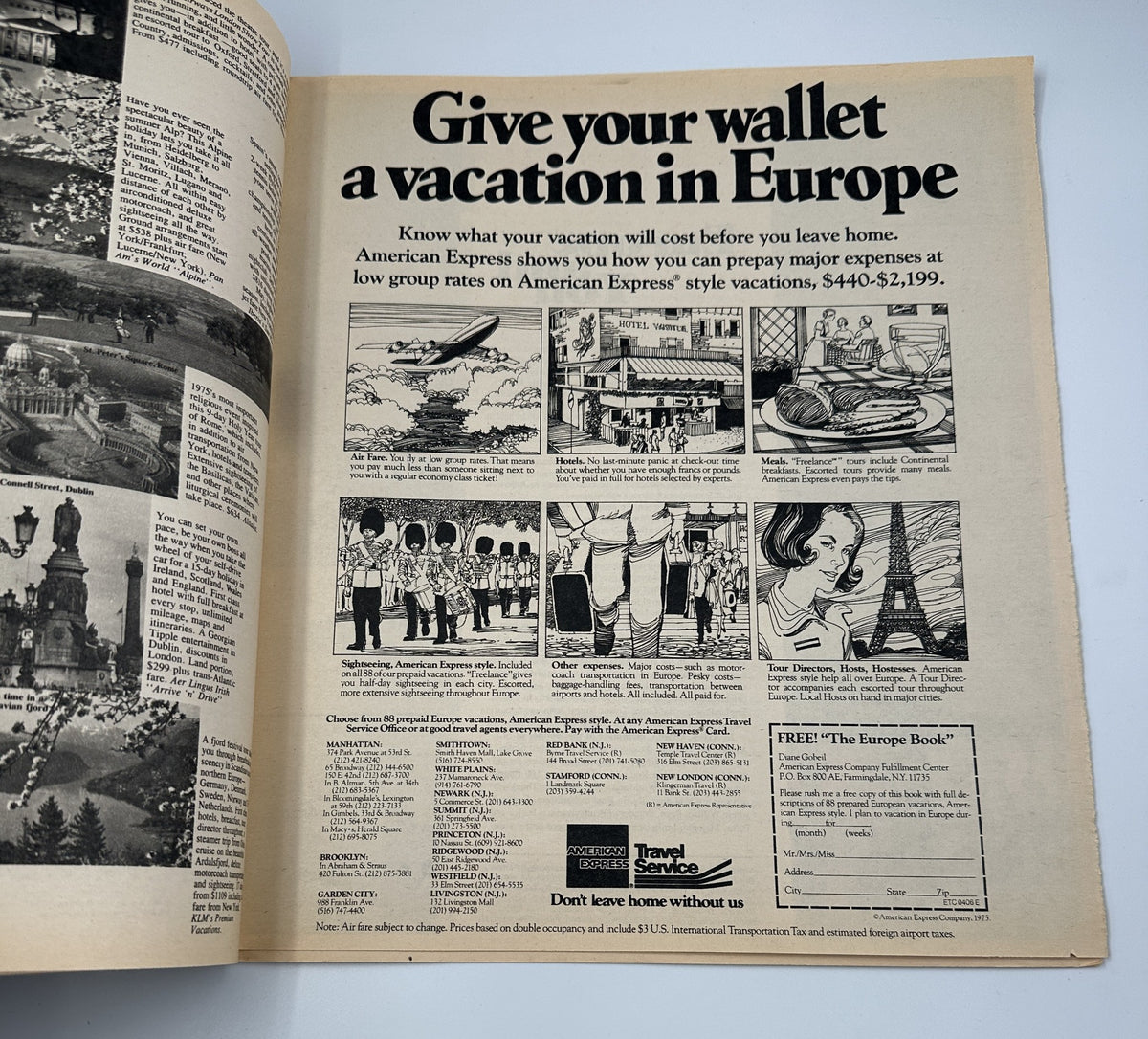 Advertisement in The New York Times Magazine April 6, 1975 Europe Travel Special Issue offering travel service information for Europe.