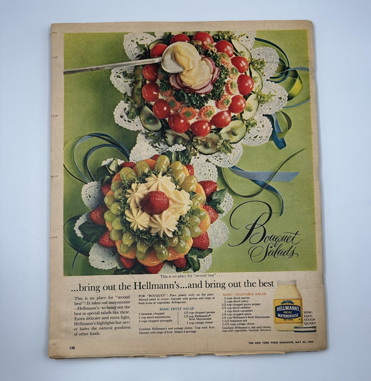 Back cover of The New York Times Magazine from May 22, 1966, displaying a colorful advertisement for Hellmann's mayonnaise and depicting elegant bouquet salads.