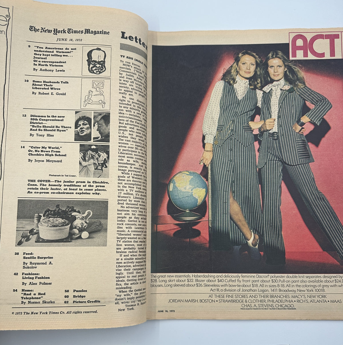 Inside page of The New York Times Magazine dated June 18, 1972, showcasing a section titled 'ACT,' with two women modeling fashionable outfits against a globe backdrop.