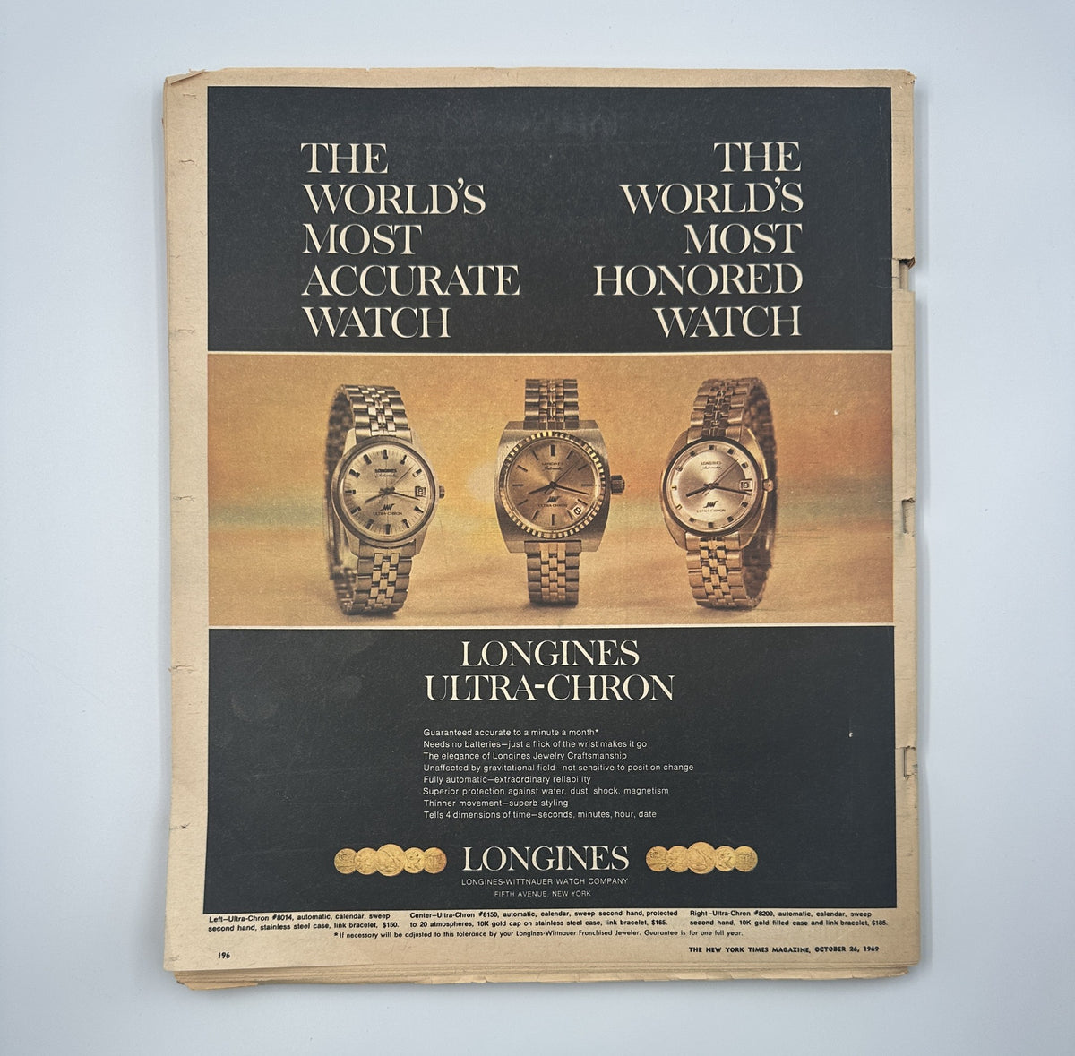 The New York Times Magazine cover for October 26, 1969, features an advertisement for Longines Ultra-Chiron watches, showcasing three elegant timepieces with the tagline 'THE WORLD'S MOST ACCURATE WATCH' and 'THE WORLD'S MOST HONORED WATCH'.