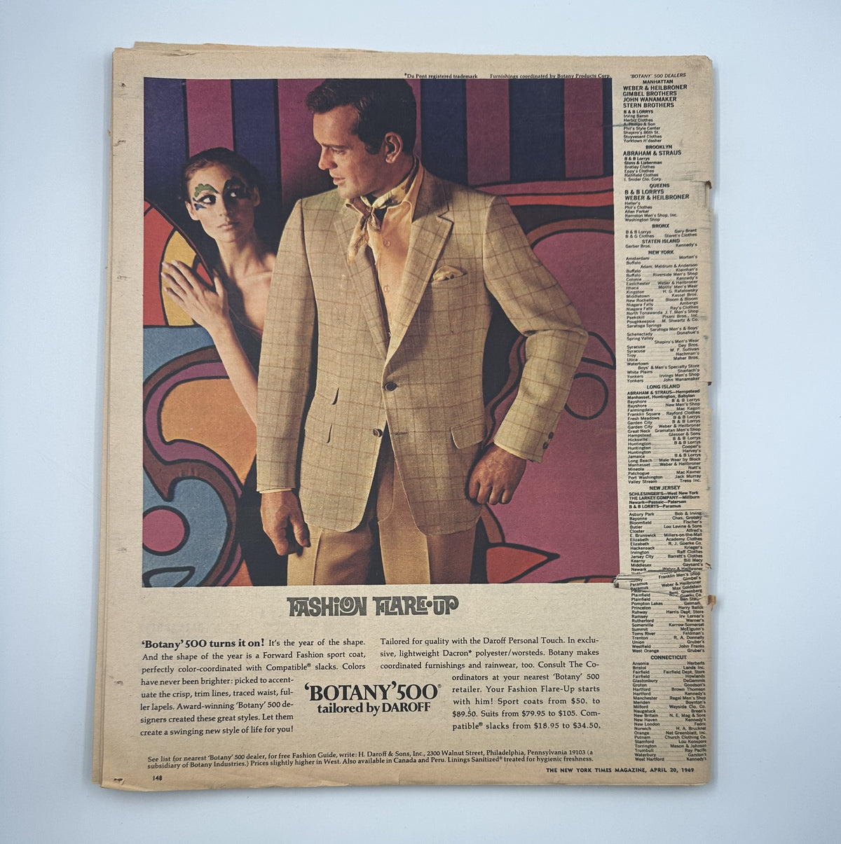 The back cover of The New York Times Magazine April 20, 1969 displaying a fashion advertisement for Botany 500 with a model showcasing a tailored suit.